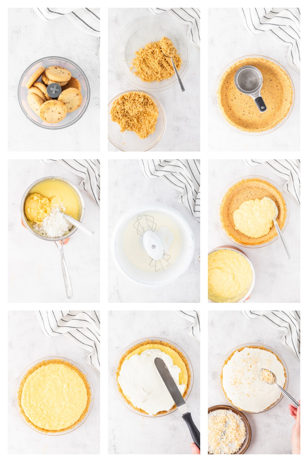 Collage of step-by-step process images, from making the crust to adding the whipped cream layer.