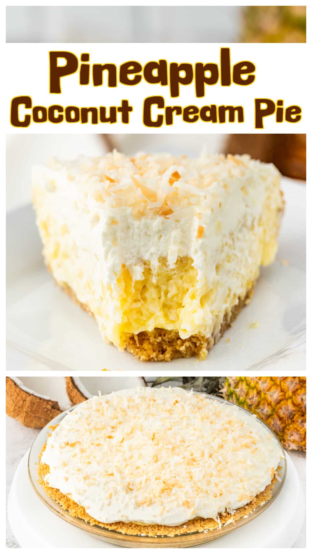 This pineapple coconut cream pie has a buttery cookie crust, a smooth pineapple-coconut filling, and a thick layer of whipped cream topped with toasted coconut flakes. Made with crushed pineapple, full-fat coconut milk, and sweetened coconut flakes, it’s rich, chilled, and full of tropical flavor. The cookie crust adds texture, while the whipped topping keeps it light. Perfect for making ahead and easy to slice after chilling overnight. via @cmpollak1