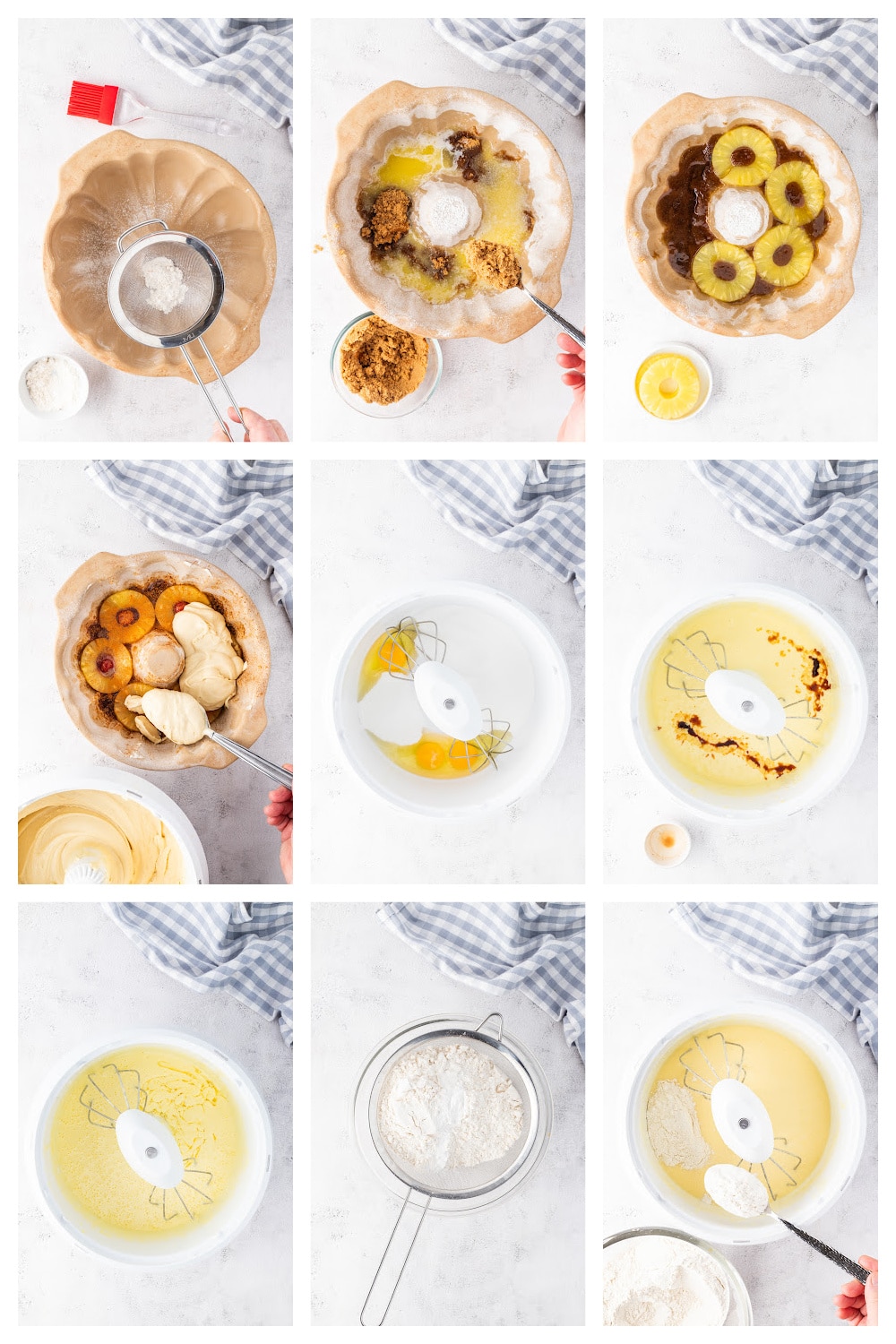How to Make Pineapple Upside Down Cake in a Bundt Pan – Step by Step Step-by-step photos showing how to prepare pineapple upside down cake in a Bundt pan, from flouring the pan to layering pineapple and cherries.
