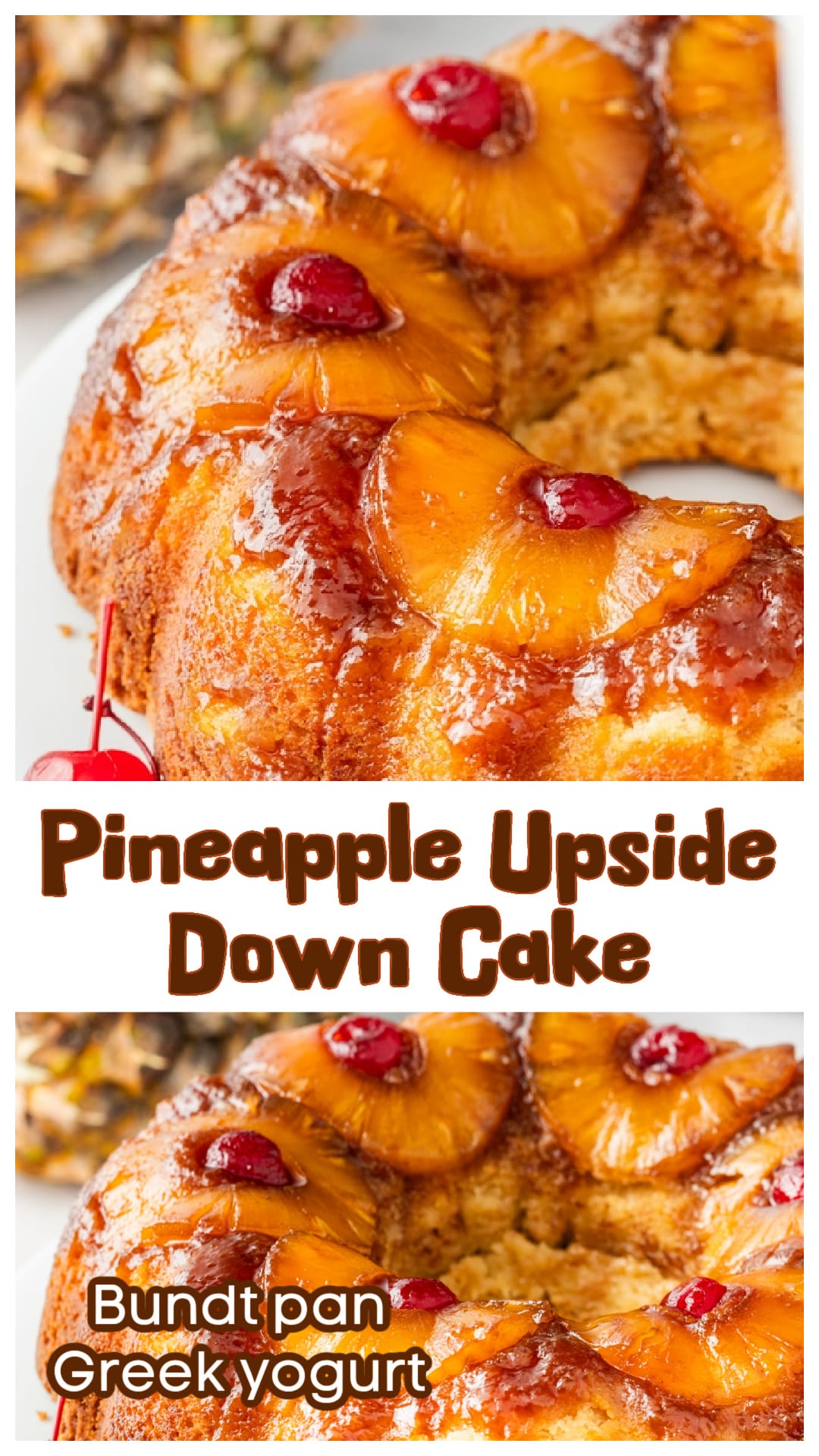 This pineapple upside down cake is made in a Bundt pan and uses Greek yogurt and buttermilk for a soft, buttery texture that doesn’t fall apart. It keeps the classic caramelized topping with pineapple rings and maraschino cherries, but the cake underneath is rich, tender, and never dry. If you’ve been searching for a better pineapple upside down cake recipe, this version with Greek yogurt delivers every time. via @cmpollak1