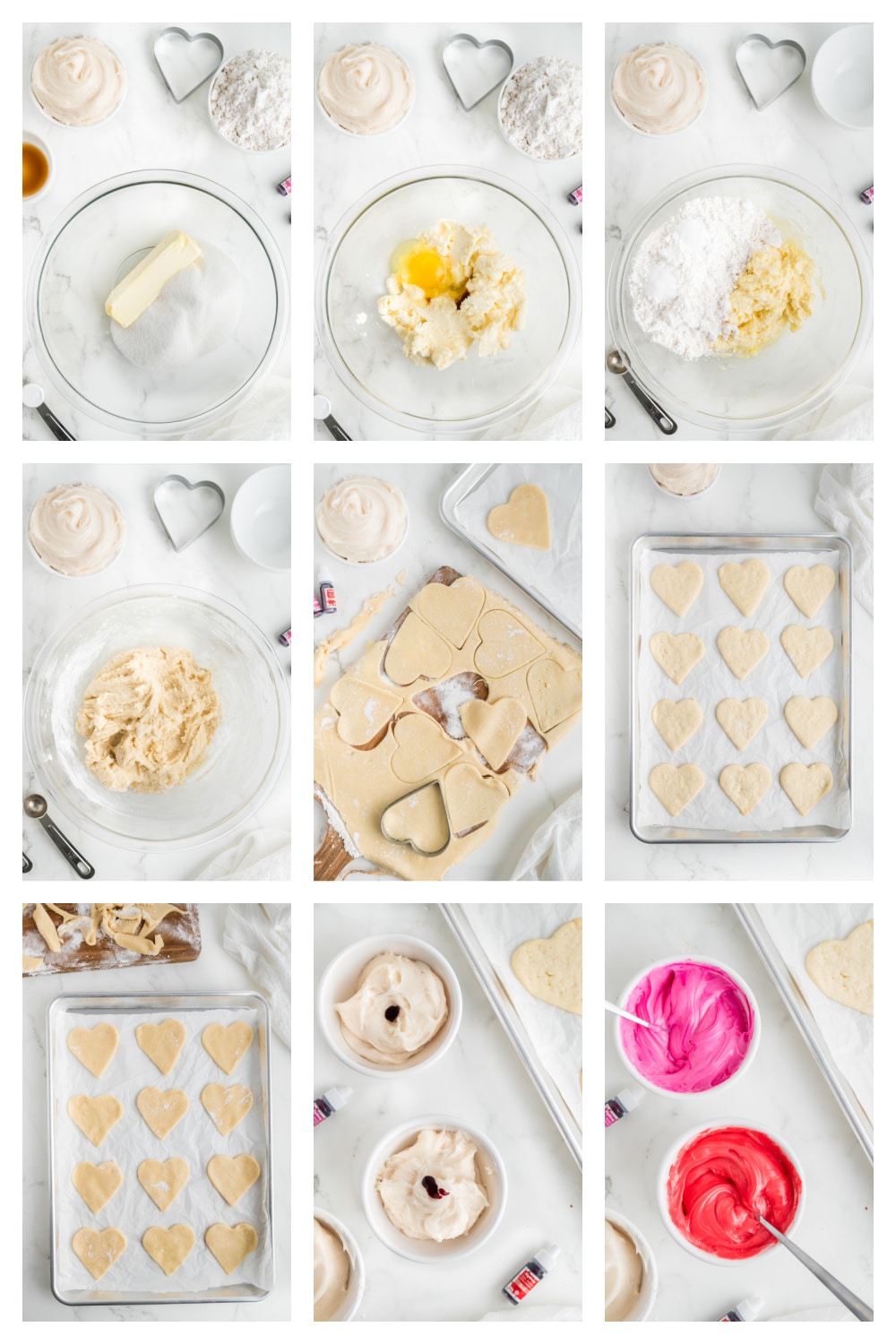 Heart-Shaped Sugar Cookies step by step process A step-by-step collage of making the cookies, from mixing the dough to cutting shapes and decorating.