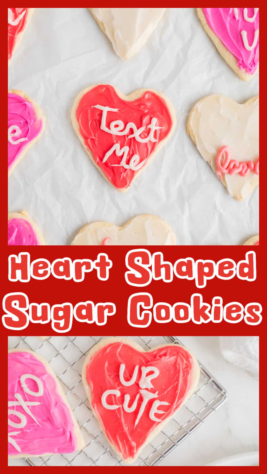 These heart-shaped sugar cookies are an easy Valentine’s Day dessert inspired by conversation heart candies. Made with a no-spread sugar cookie dough, they bake up soft and with crisp edges and hold their shape. Decorate with vanilla frosting in classic pink, red, and white for a festive look. No decorating skills needed—just a fun and easy Valentine’s baking project. Perfect for cookie decorating parties or classroom treats. Pin this homemade Valentine’s cookie recipe for your holiday baking. via @cmpollak1
