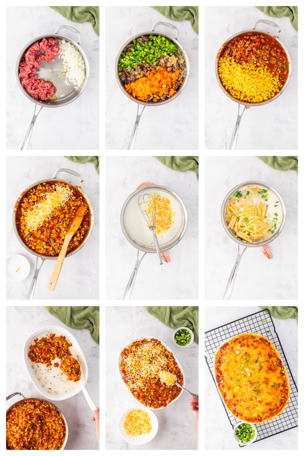 Step-by-step collage of how to make cheesy ground beef casserole with pasta and corn