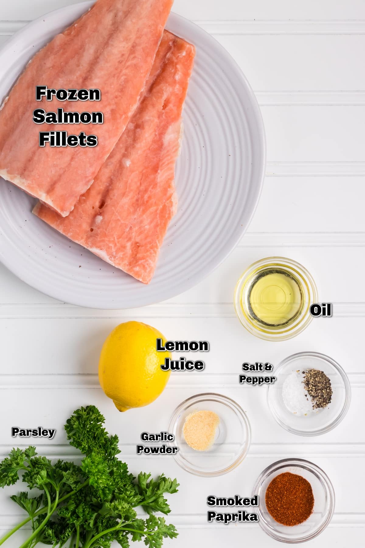 ingredients list including frozen salmon fillets, lemon, smoked paprika and garlic powder