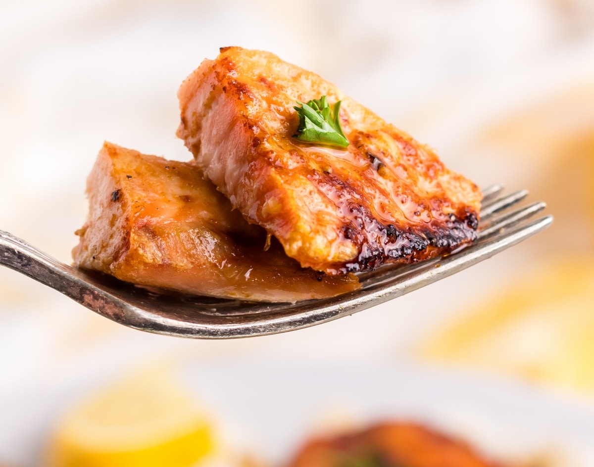 perfect bite of frozen air fryer salmon on a fork