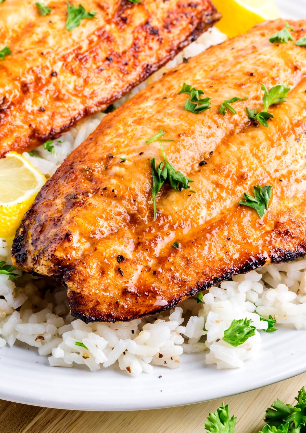 air fryer frozen salmon on a bed of rice