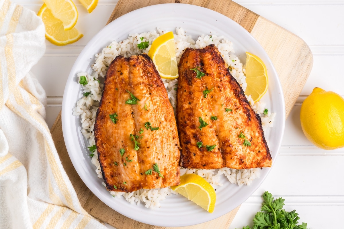 salmon from frozen in the air fryer on a white plate