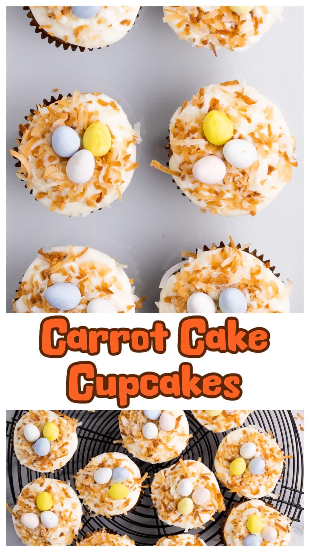 Carrot Cake Cupcakes are soft, spiced, and topped with cream cheese frosting, toasted coconut, and candy eggs. Perfect for spring or Easter, these cupcakes are easy to make and full of warm flavor. The recipe uses grated carrots and chopped pecans for texture, with a simple homemade frosting that holds its shape. Make a dozen, or double the batch for a crowd. You can even freeze them for later. via @cmpollak1