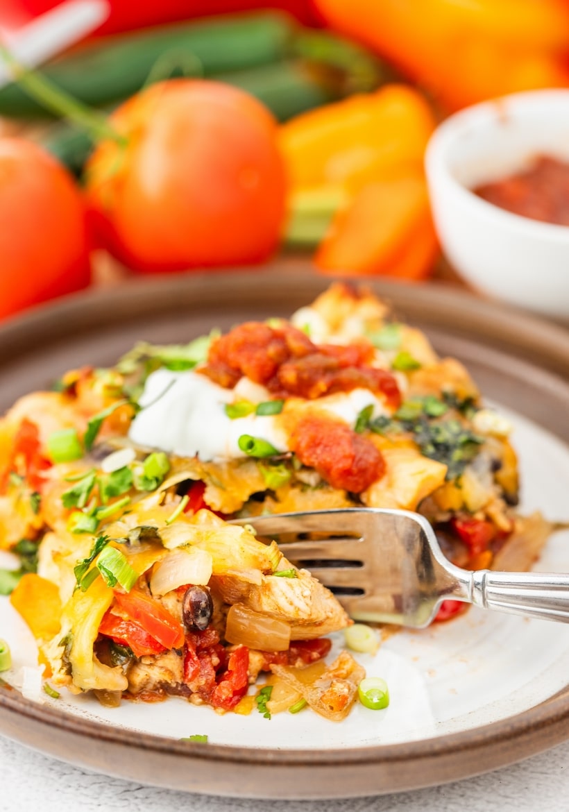 chicken fajita casserole on a white plate