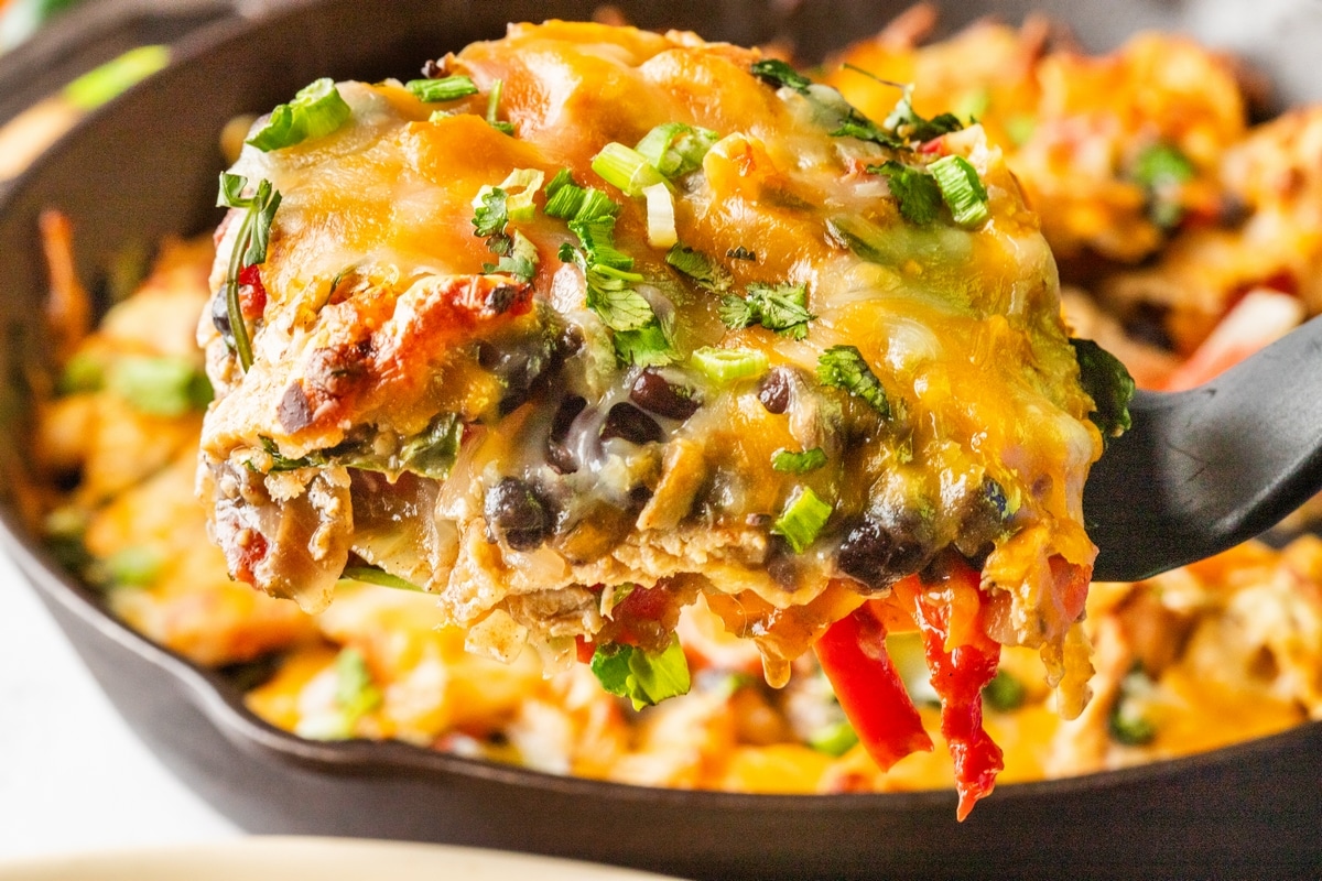 Chicken Fajita Casserole in a cast iron skillet
