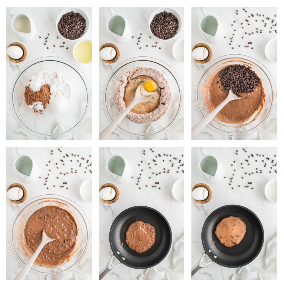 Bringing the cocoa batter together and folding in mini chocolate chips. Step-by-step process of mixing chocolate pancake batter with cocoa powder, egg, milk, oil, and folding in mini chocolate chips