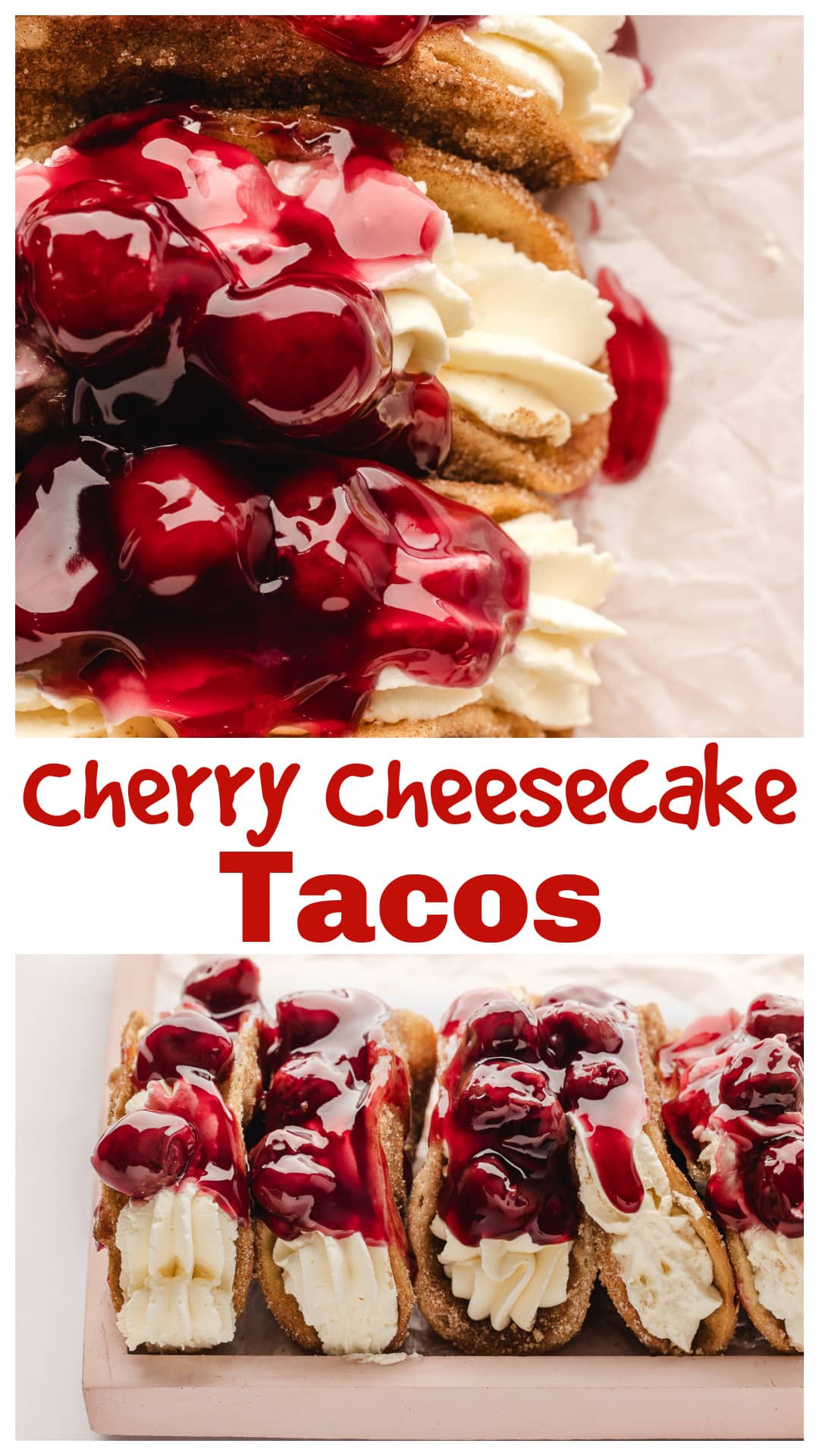 These cherry cheesecake dessert tacos are a unique twist on dessert tacos. Crispy cinnamon-sugar shells, filled with smooth cheesecake, and topped with sweet cherry pie filling. Easy to make and perfect for any occasion. Whether you’re serving them at a party or enjoying them at home, these cheesecake tacos are loved by everyone. They combine the fun of tacos with the indulgence of cheesecake in one handheld treat. via @cmpollak1