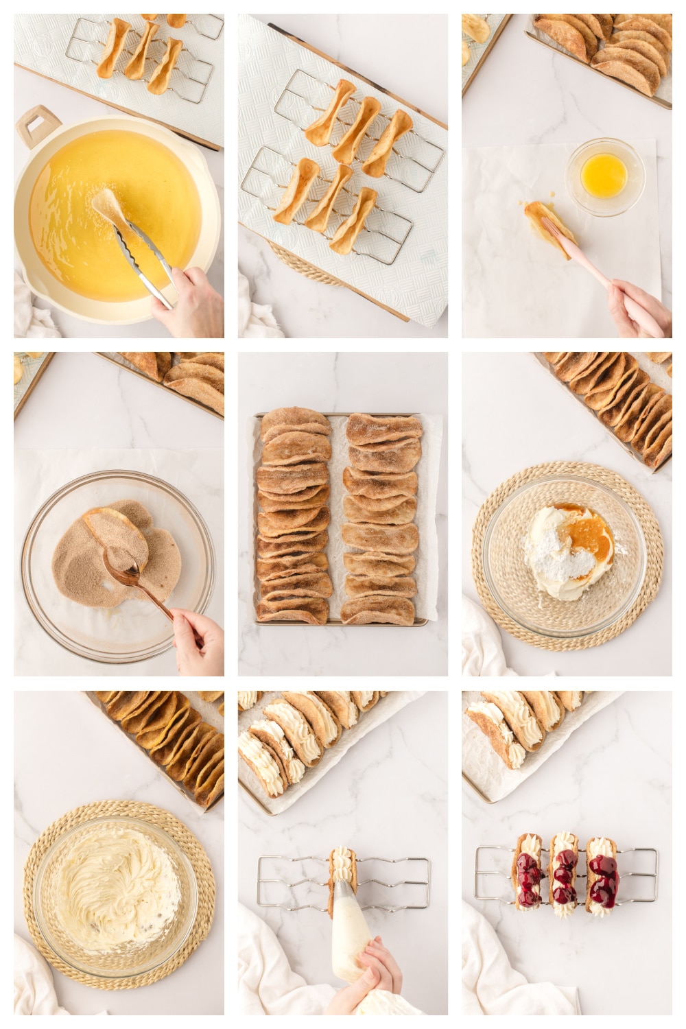 Step-by-step collage showing the process of making cherry cheesecake tacos, from frying the shells to filling and topping them.