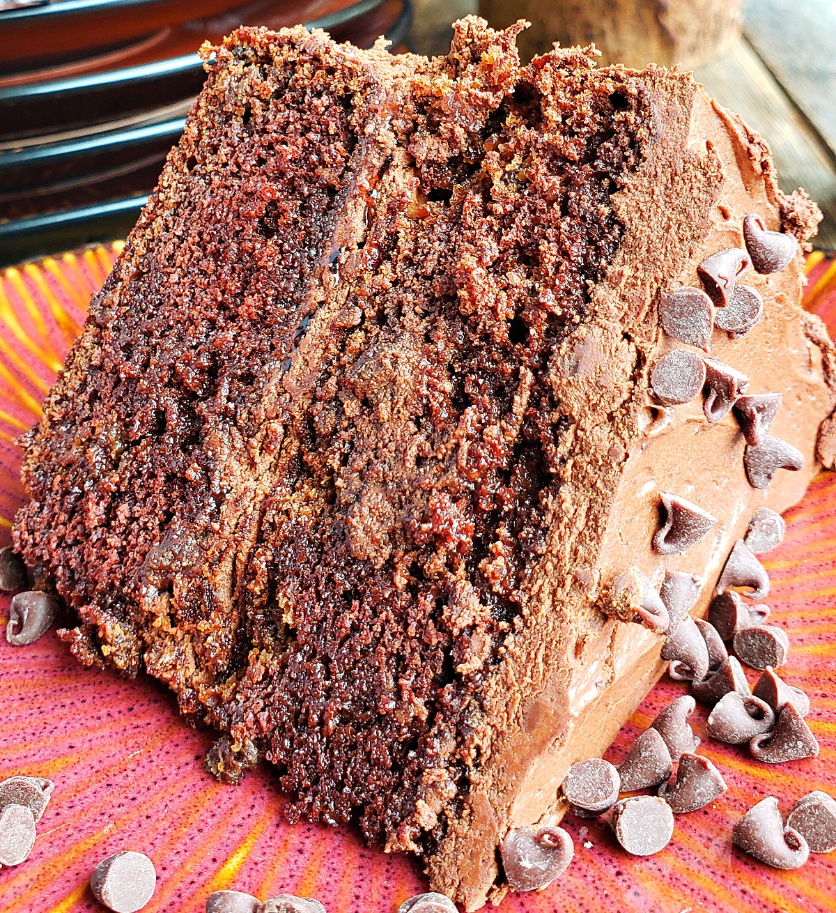 close-up slice of chocolate stout cake showing moist crumb and chocolate icing with mini chocolate chips
