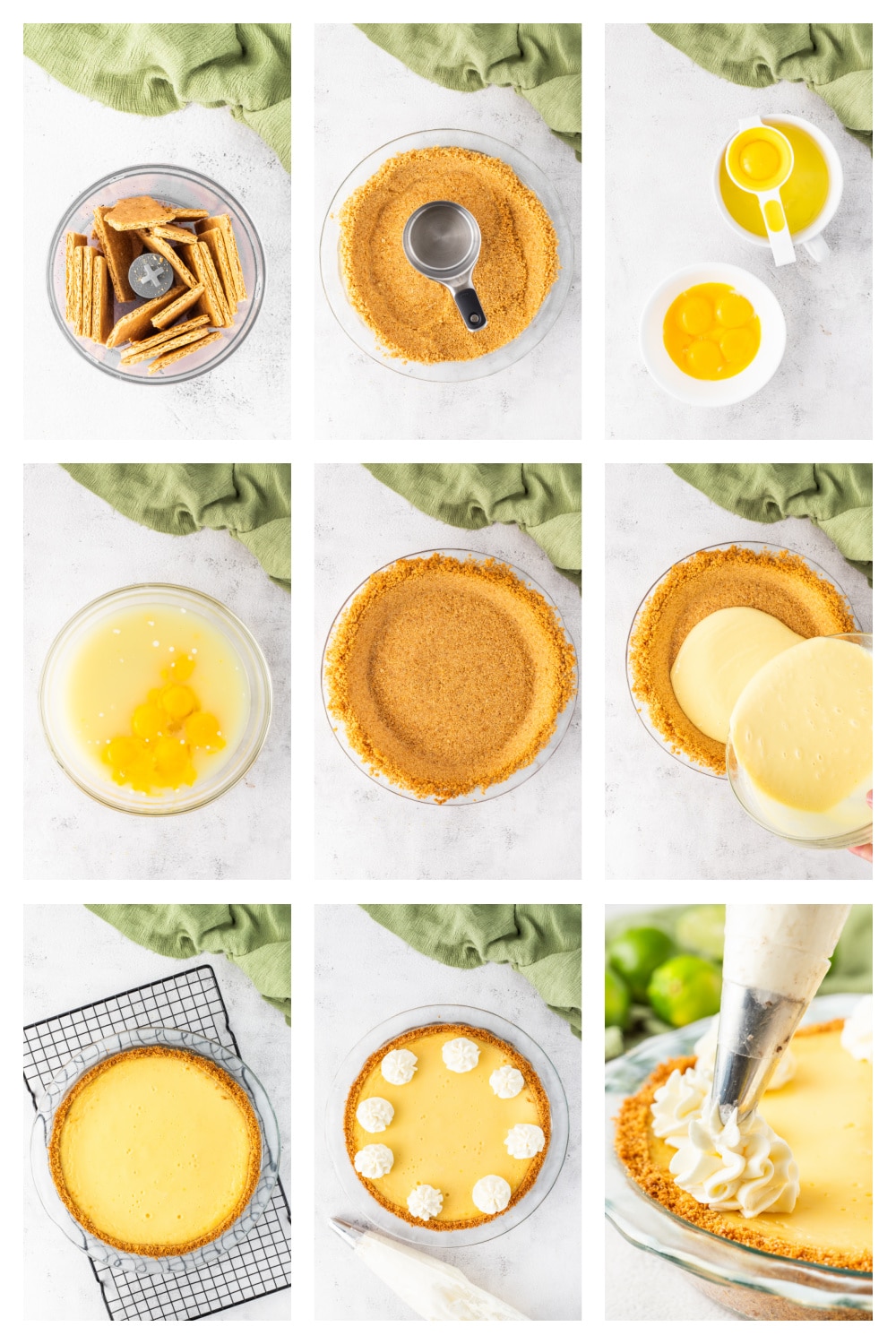 How to make key lime pie – step-by-step collage Step-by-step process for making key lime pie from crust to filling