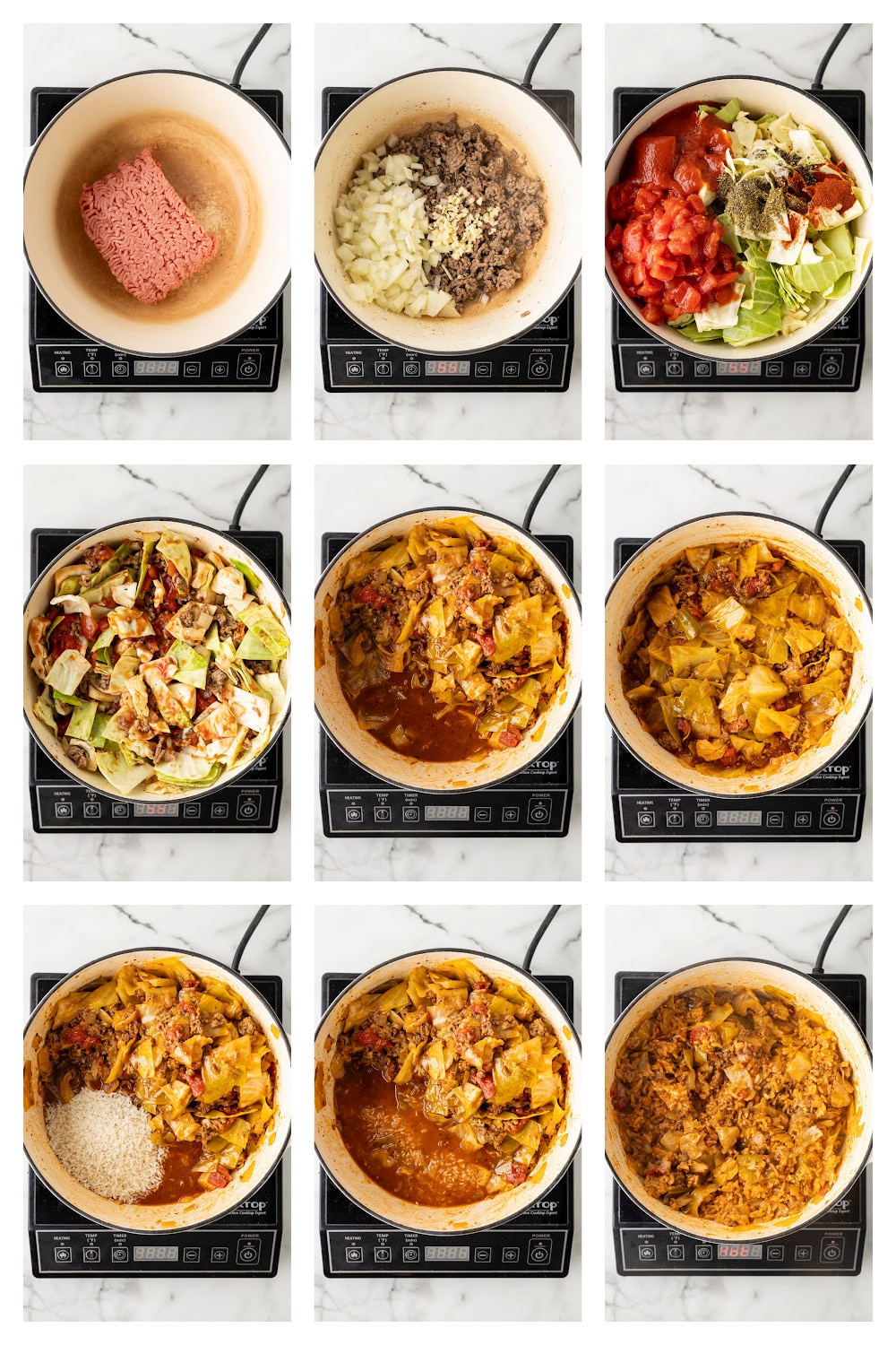 how to make unstuffed cabbage rolls Nine-step process of making unstuffed cabbage rolls from browning beef to simmering cabbage, tomatoes, and rice in one pot.
