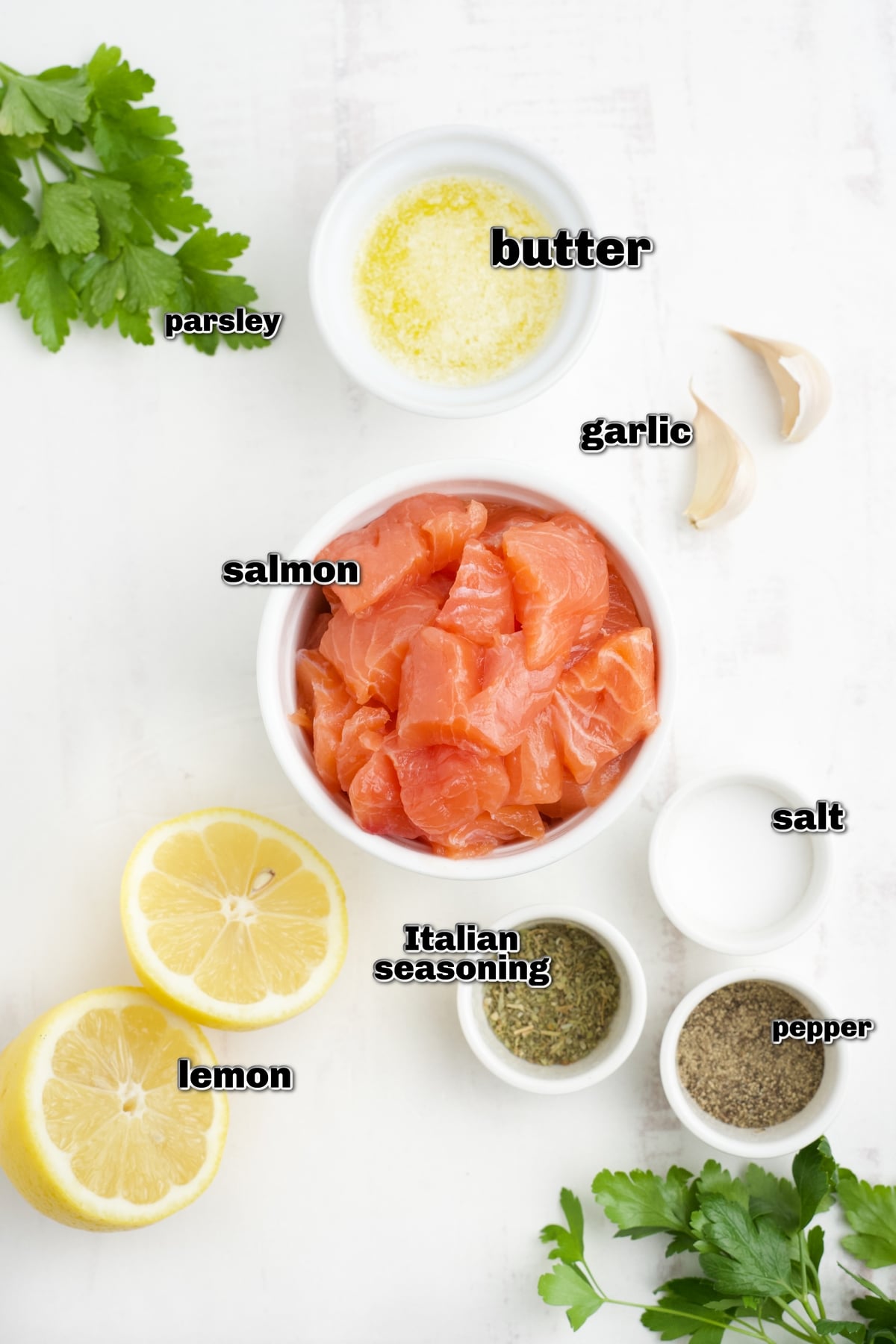 Air Fryer Salmon Bites ingredients. ingredients on a countertop to make this recipe