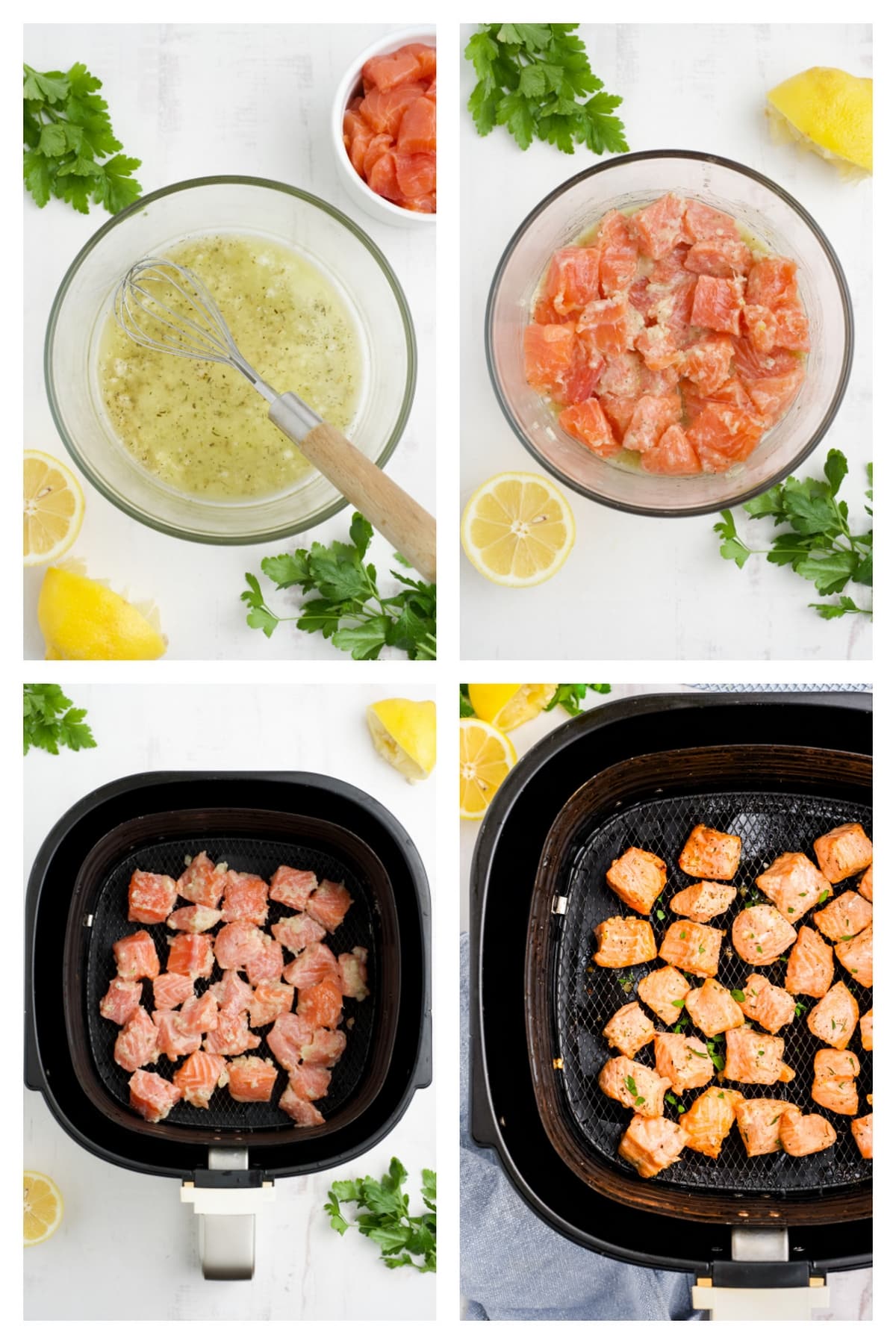 Air Fryer Salmon Bites process photos. step by step process of making salmon bites