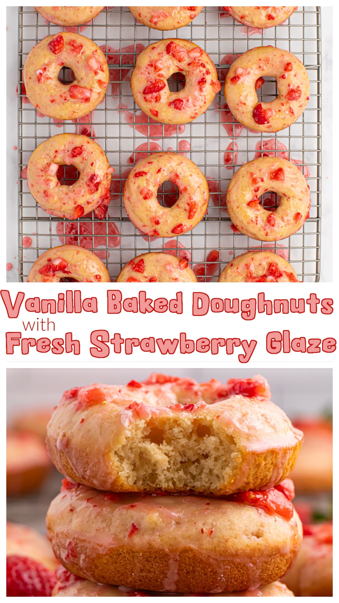 These Vanilla Baked Doughnuts with Fresh Strawberry Glaze are soft, simple, and topped with a real fruit glaze that sets up smooth. No frying, just a doughnut pan. via @cmpollak1