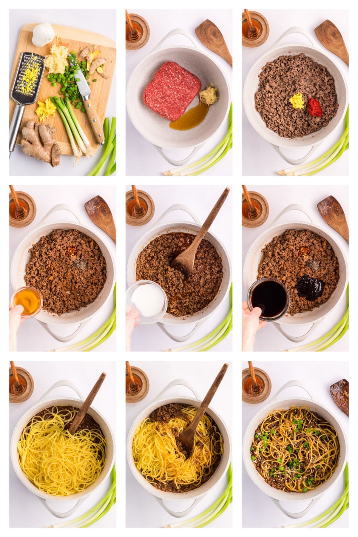 Step-by-step photos showing how to make Mongolian beef noodles, from browning ground beef to tossing the pasta with sauce and scallions.