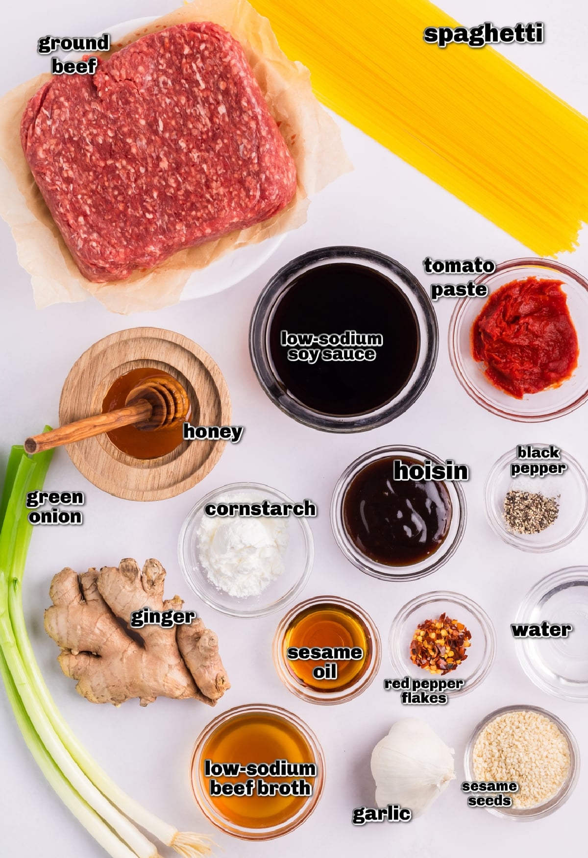 Ingredients for Mongolian beef noodle recipe laid out on a white surface, including ground beef, soy sauce, hoisin, garlic, and ginger.