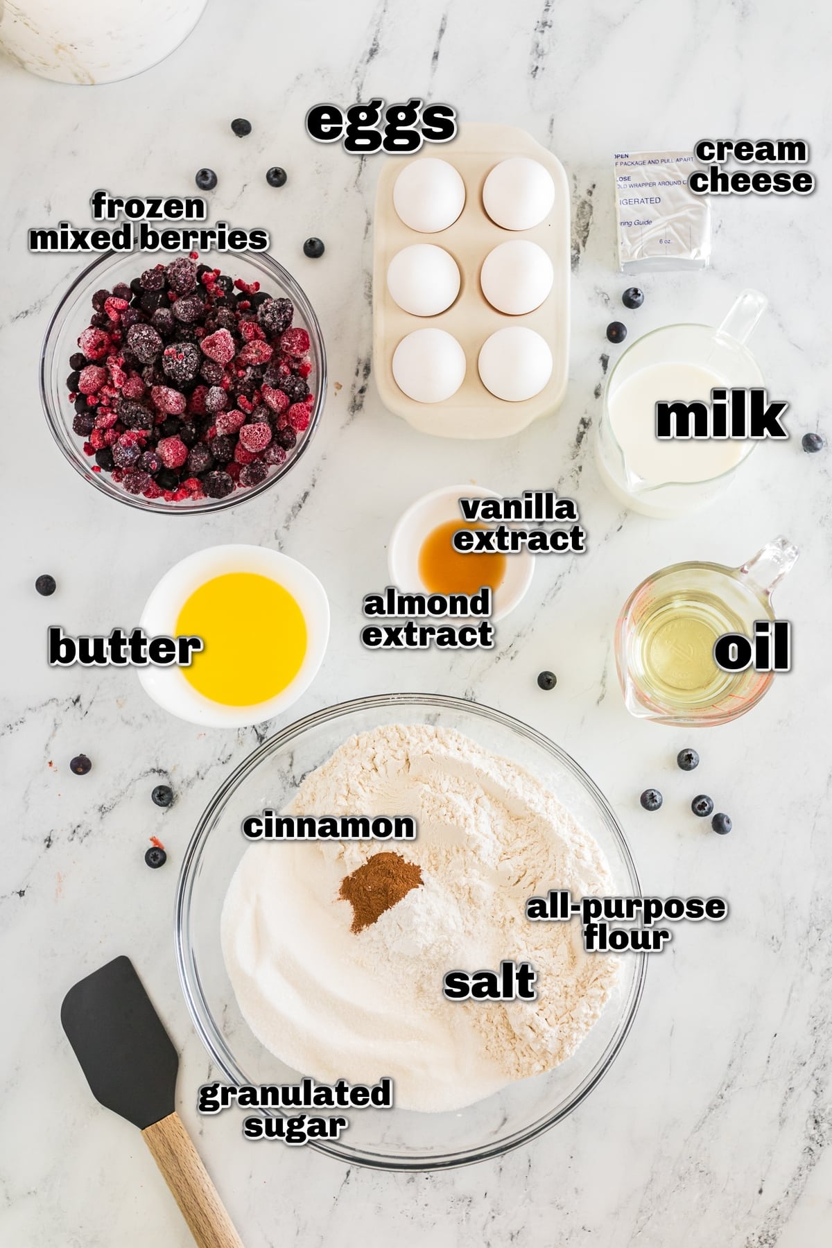 Tender berry muffins that aren't too sweet, with a light and airy texture and chunks of cream cheese baked into every bite. ingredients