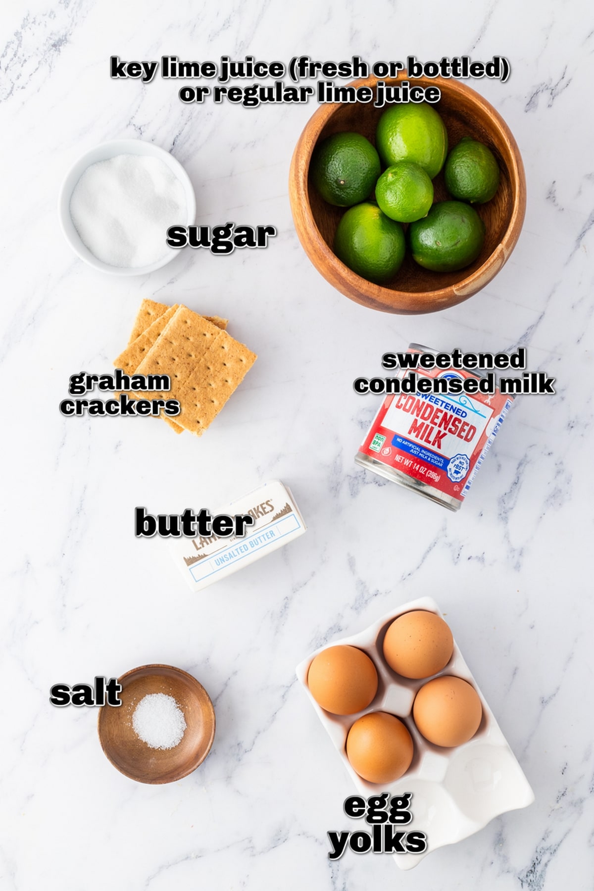  Ingredients for Key lime tart including graham crackers, limes, eggs, and condensed milk