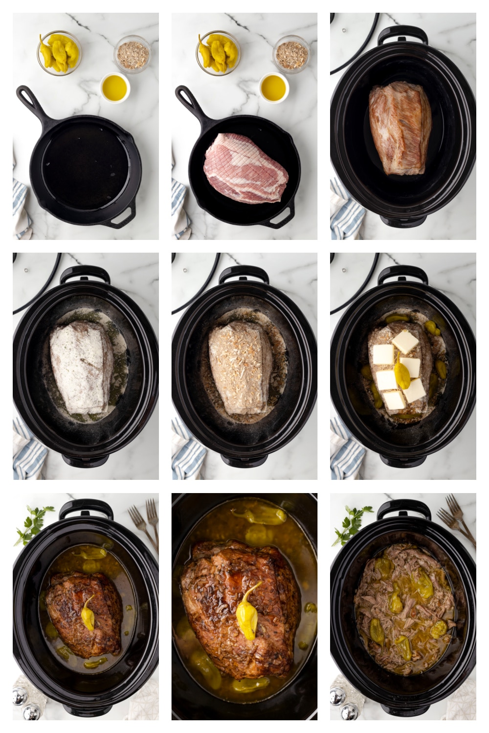 Nine-step photo collage showing how to make slow cooker Mississippi pork roast, from searing the pork loin and adding ranch seasoning, onion soup mix, butter, and pepperoncini to shredding the cooked pork.