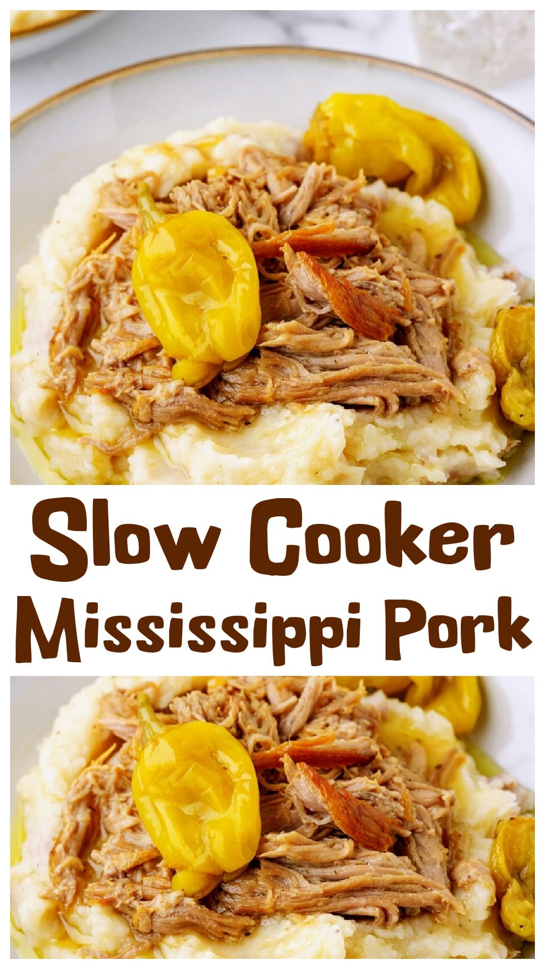 Slow Cooker Mississippi Pork Roast made with boneless pork loin, ranch seasoning, onion soup mix, butter, and pepperoncini peppers. This easy crock pot pork roast takes only 10 minutes to prepare before cooking until tender enough to shred. The pepperoncini juice adds flavor to the buttery cooking juices, making this Mississippi pork roast perfect for serving over mashed potatoes. A family dinner recipe with pantry ingredients, minimal prep, and plenty of shredded pork for leftovers. via @cmpollak1