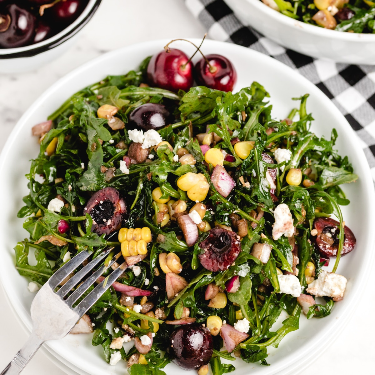 Cherry Corn Salad with Arugula, Feta, and Balsamic Vinaigrette