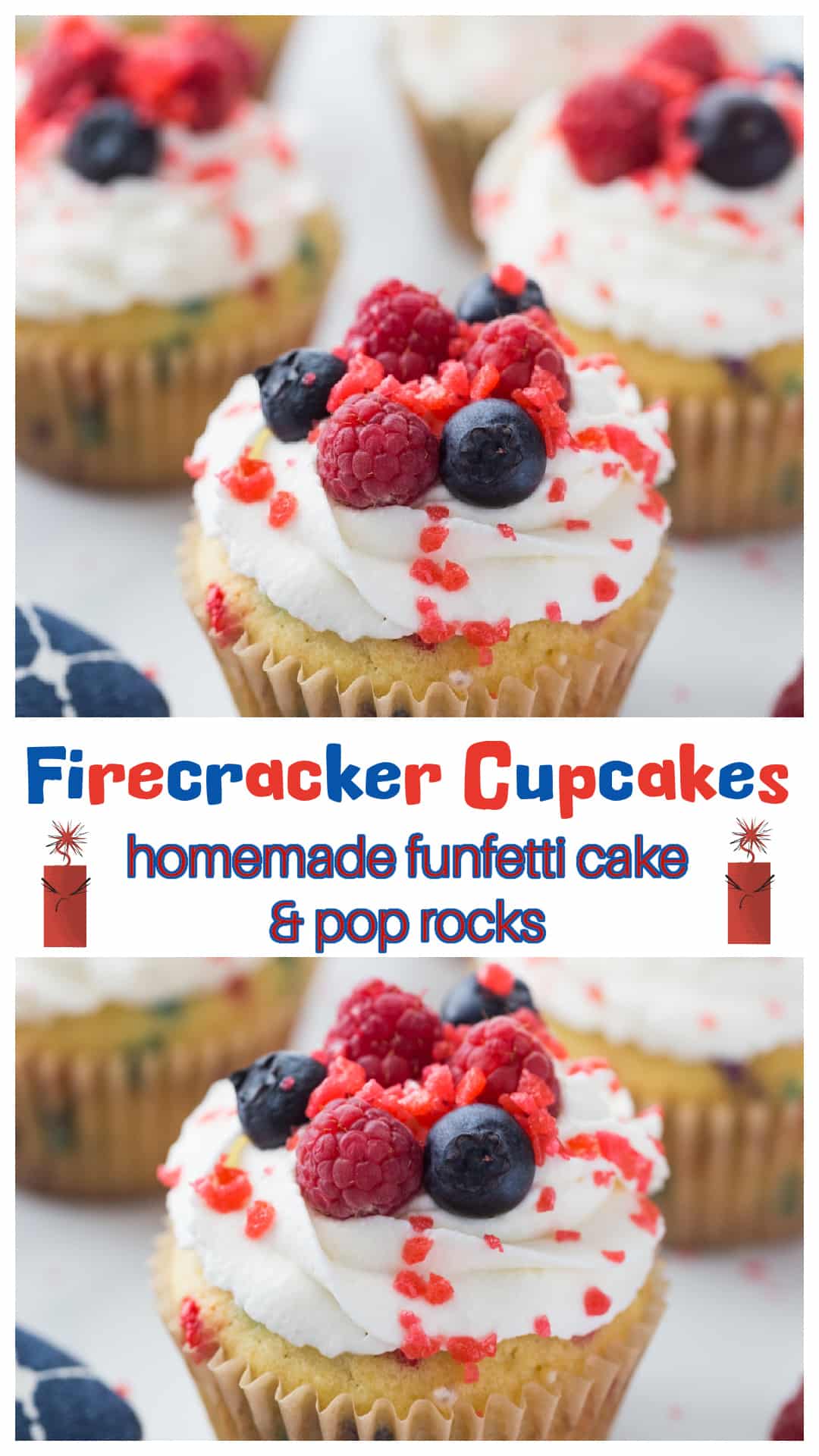 Firecracker cupcakes made with homemade funfetti, whipped cream, and a crackle of Pop Rocks are the ultimate 4th of July dessert. These pop rocks cupcakes are fun, easy to serve, and perfect for summer gatherings. Whether you’re baking for patriotic parties, birthday celebrations, or looking for a twist on whipped cream cupcakes, these are the red, white, and blue treat that gets people talking. A bold and nostalgic idea for baking with Pop Rocks. via @cmpollak1
