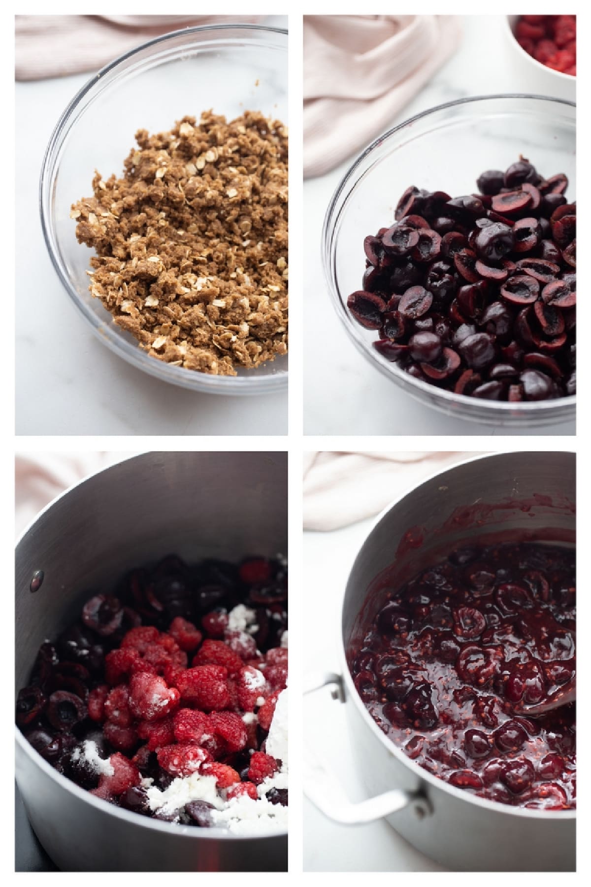 Step-by-step prep for fresh cherry crisp: oat topping, pitted cherries, raspberries with cornstarch, and thickened fruit filling.