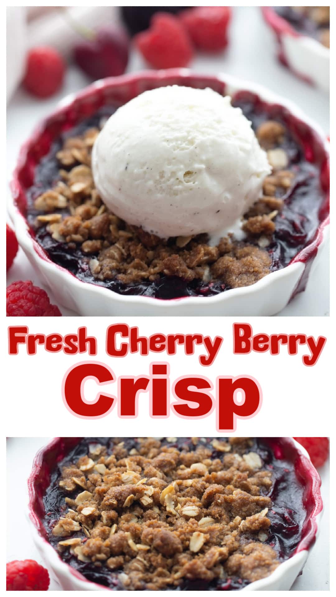This fresh cherry berry crisp is made with real cherries and raspberries, then topped with a buttery brown sugar oat topping that bakes up perfectly golden. No pie crust, no complicated steps—just a simple, easy cherry crisp recipe that works with fresh or frozen fruit. Make it in ramekins or a 9x13 dish. It’s the best cherry crisp for summer or anytime you’ve got good cherries. via @cmpollak1
