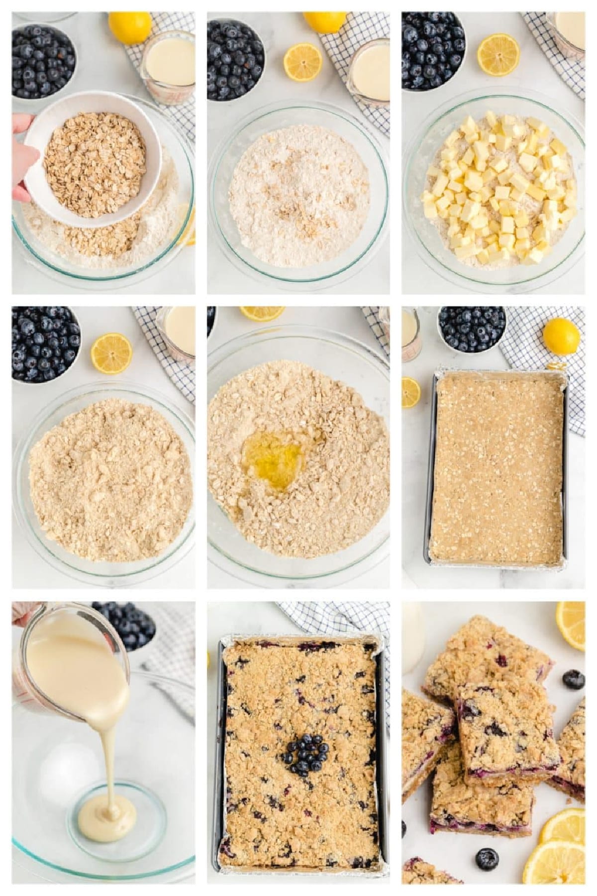 Step-by-step photo collage showing how to make lemon blueberry crumble bars