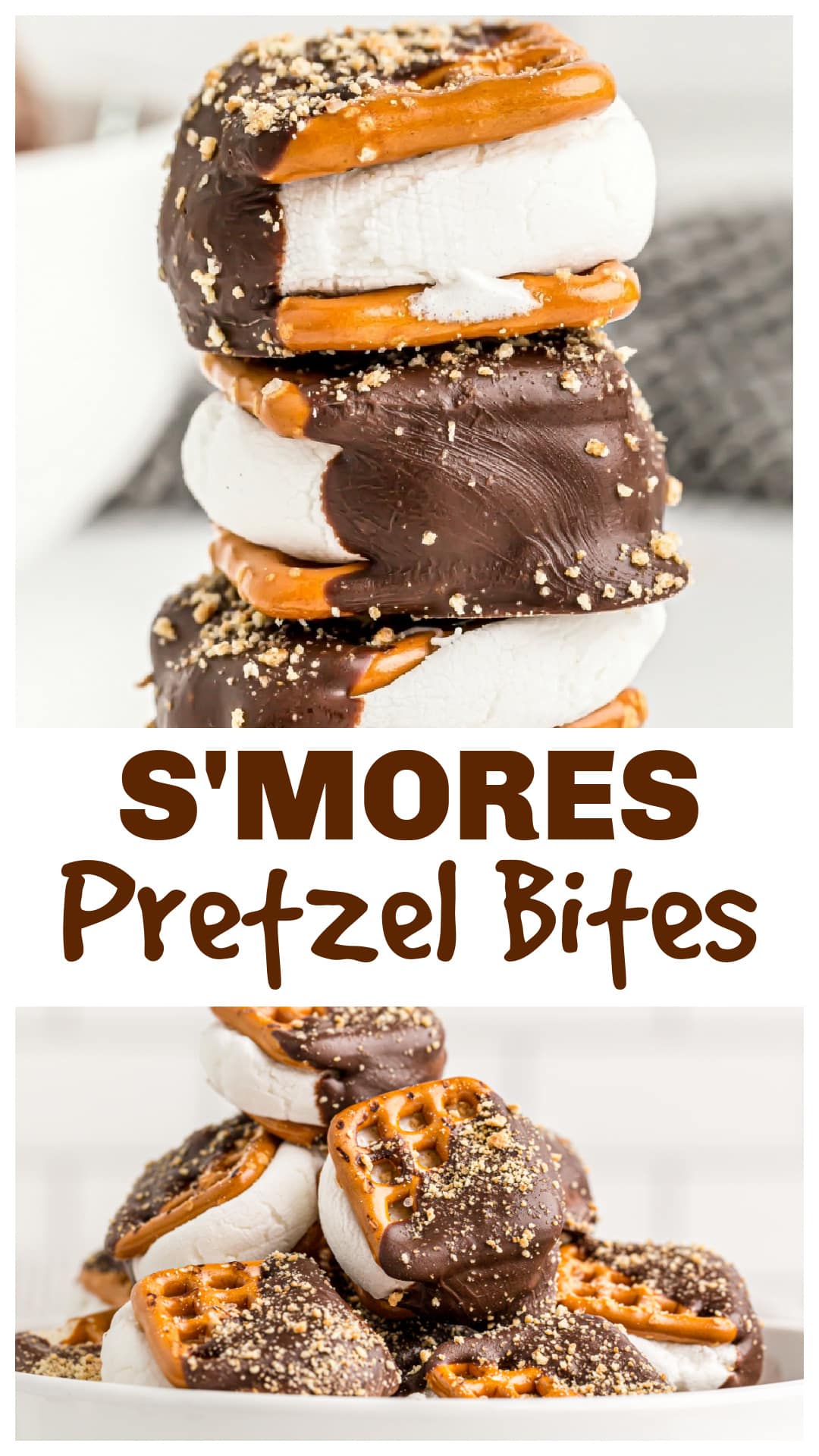 S’mores Pretzel Bites – An easy, oven-baked treat with gooey marshmallow, melty chocolate, and graham cracker crunch sandwiched between salty pretzels. No campfire needed for these indoor s’mores! Great make-ahead dessert for parties, road trips, or movie nights. Perfect salty-sweet snack idea, fun s’mores recipe, and a no-mess way to enjoy a classic favorite. via @cmpollak1