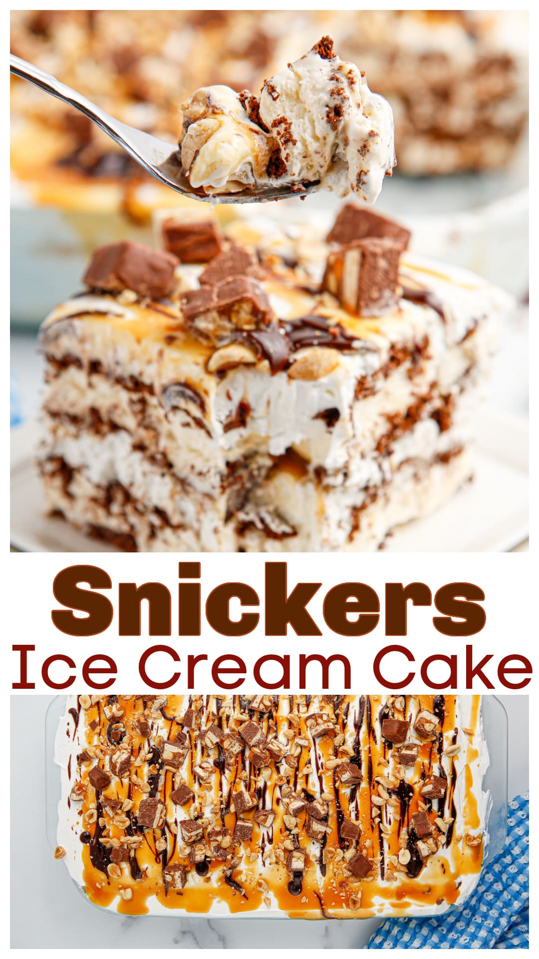 This easy Snickers ice cream cake is made with layers of ice cream sandwiches, whipped topping, chocolate, caramel, peanuts, and chopped Snickers bars. It’s the no-bake summer dessert you didn’t know you needed. Make it ahead, freeze it, and slice it straight from the pan. Whether you call it a Snickers ice cream sandwich cake, a Snickers ice cream casserole, or just the best frozen dessert around—it's a winner every time.
via @cmpollak1