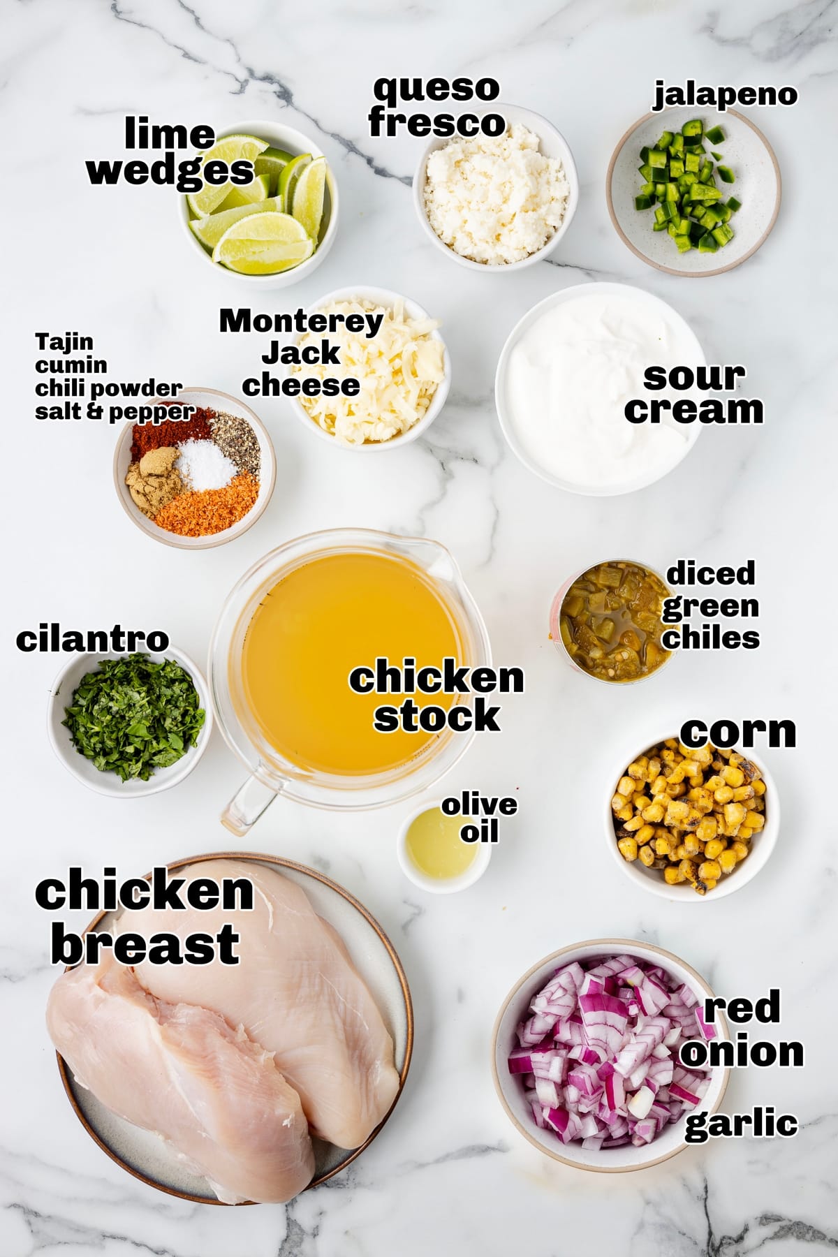 This Mexican Street Corn Soup is inspired by elote, bringing all those bold, zesty flavors into a cozy, comforting bowl. It's like eating favorite street food with a spoon. ingredients