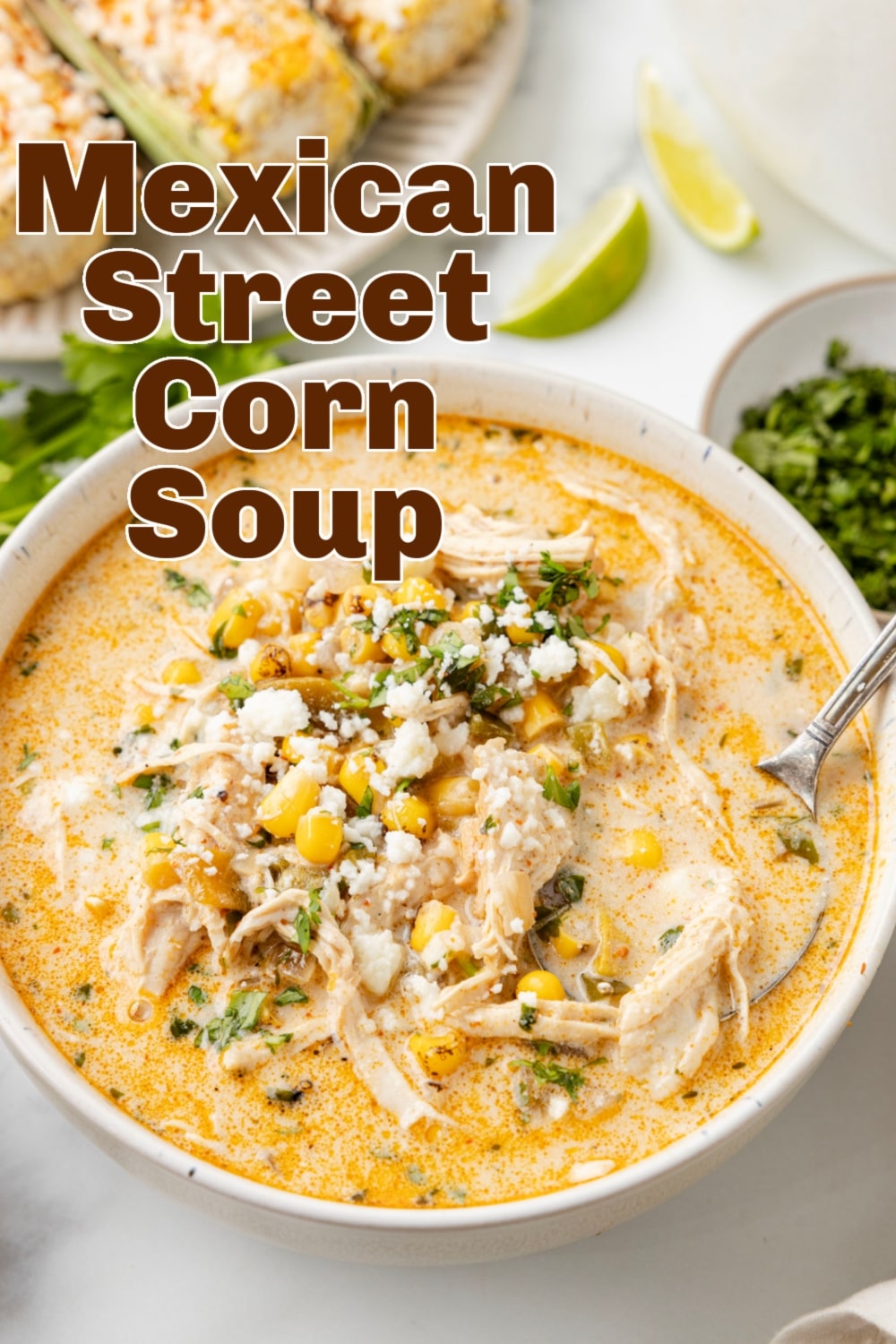 This Mexican Street Corn Soup is inspired by elote, bringing all those bold, zesty flavors into a cozy, comforting bowl. It's like eating favorite street food with a spoon. via @cmpollak1