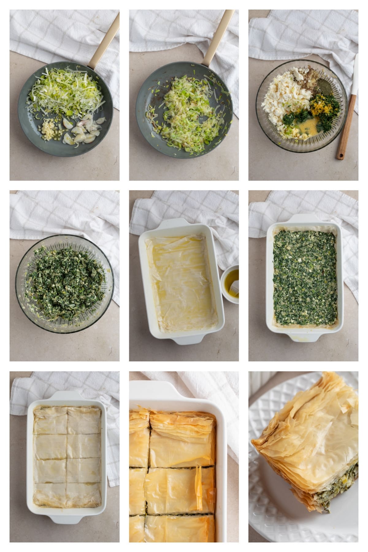 This savory Spanakopita “pie” features a bit of a twist on the traditional filling. Layers of flaky phyllo dough with a rich filling of spinach, artichoke hearts, and sautéed leeks. how to make it