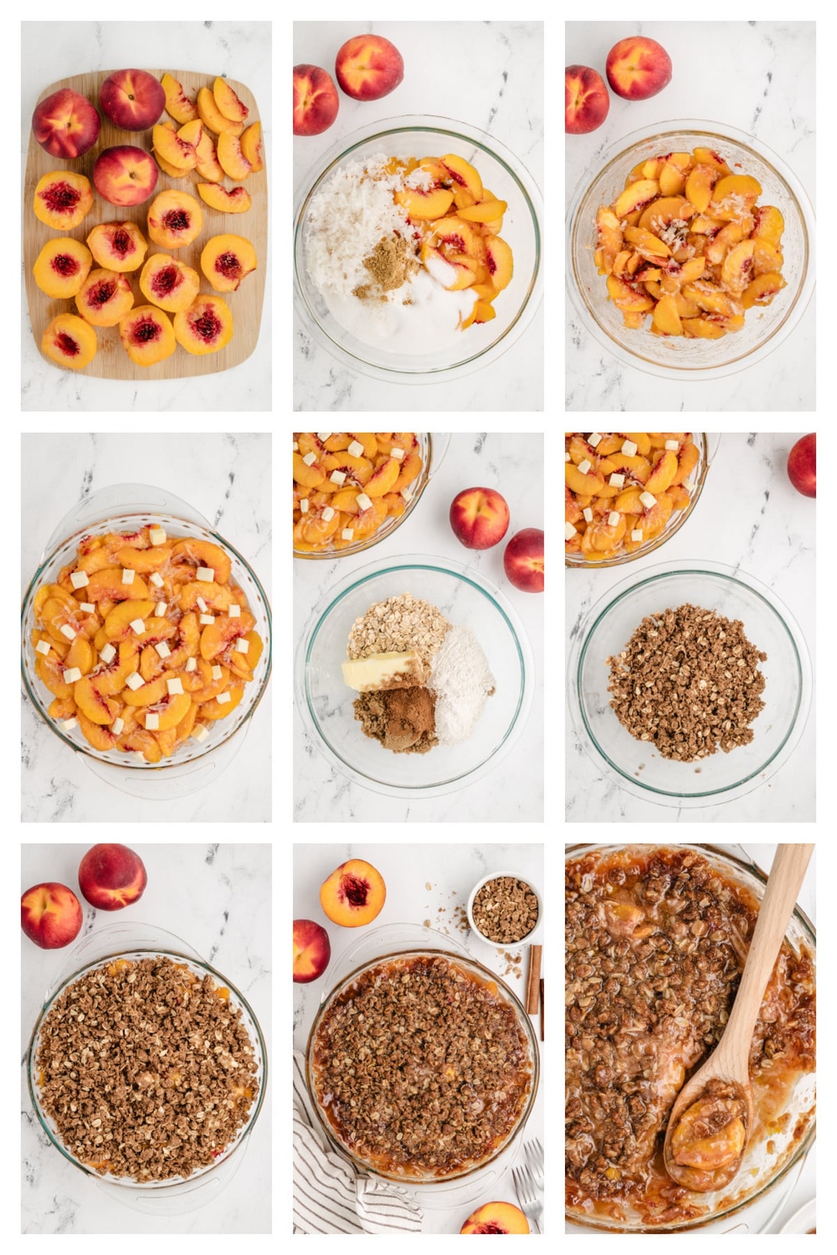 Step-by-step collage showing how to prepare peach crisp with coconut and oats.