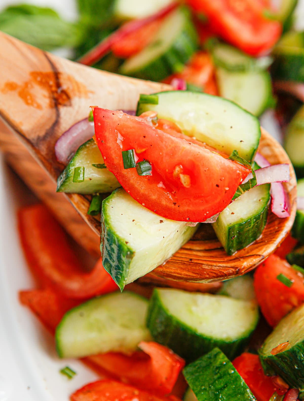 Extreme close-up of tomato wedge, cucumber slice, and red onion on wooden spoon with herbs