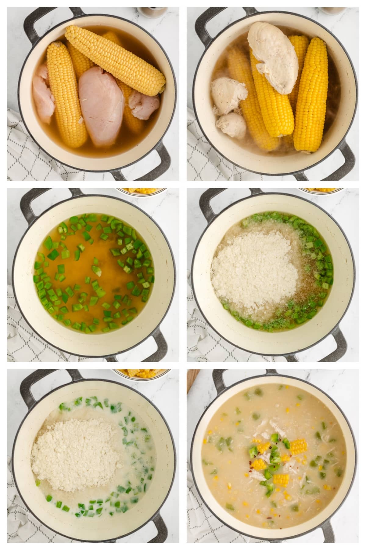 Step-by-step collage showing how to make chicken corn chowder, from cooking the chicken and corn to finishing the chowder.