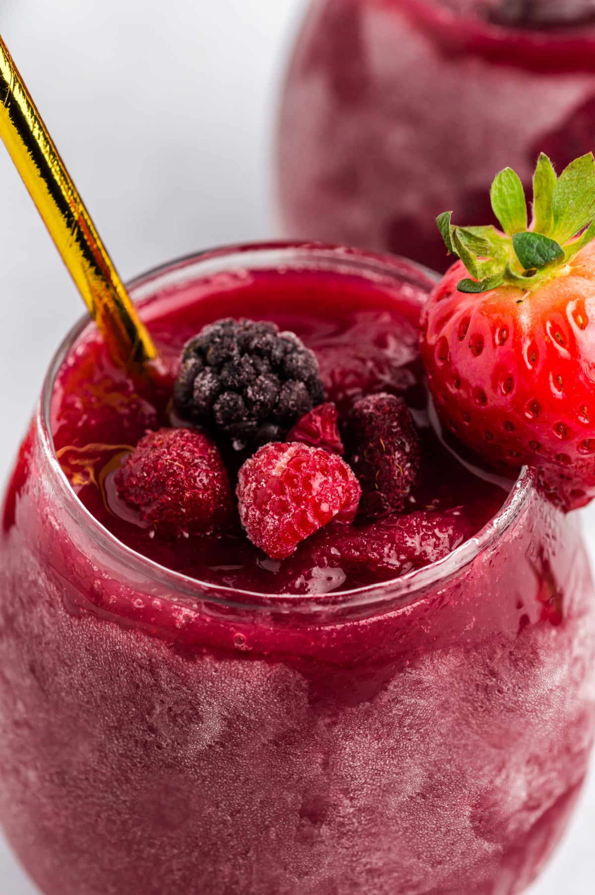 Overhead of slushie mixture in container straight from the freezer