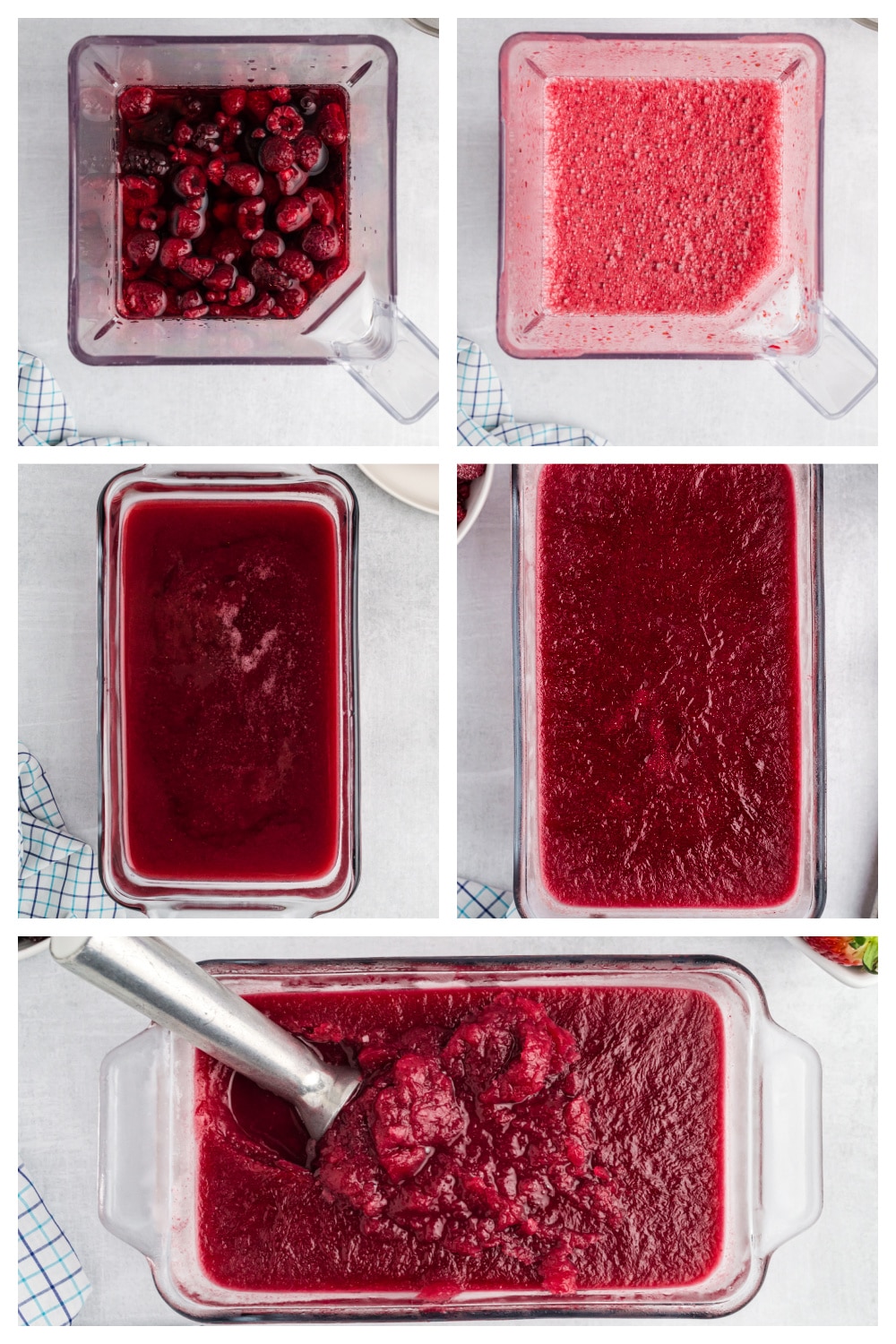 Step-by-step process for making red wine slushie with blender, strainer, and freezer container