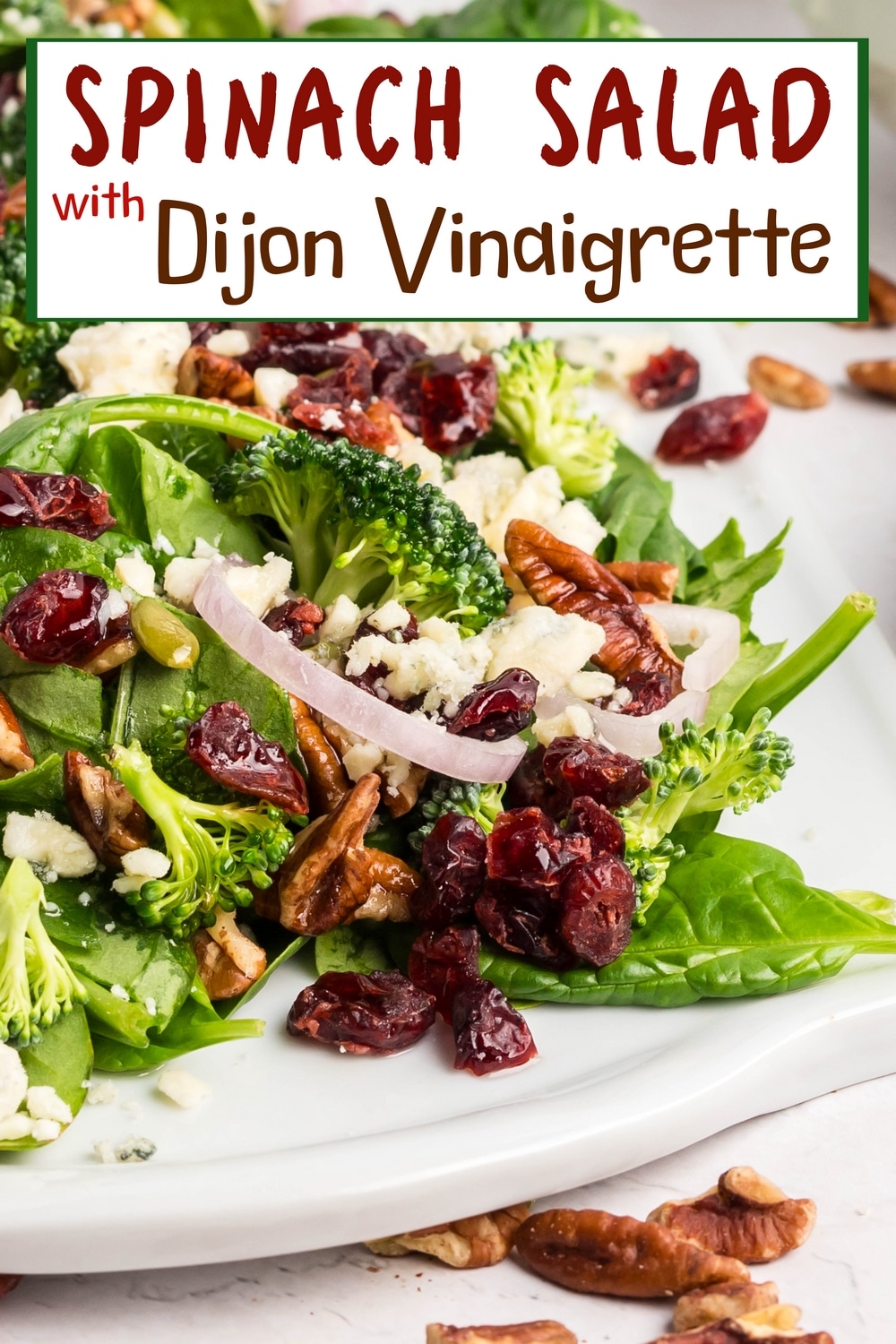This spinach salad with Dijon vinaigrette comes together with crunchy pecans and sweet cranberries. It's simple, fresh, and has just the right balance of flavors. via @cmpollak1