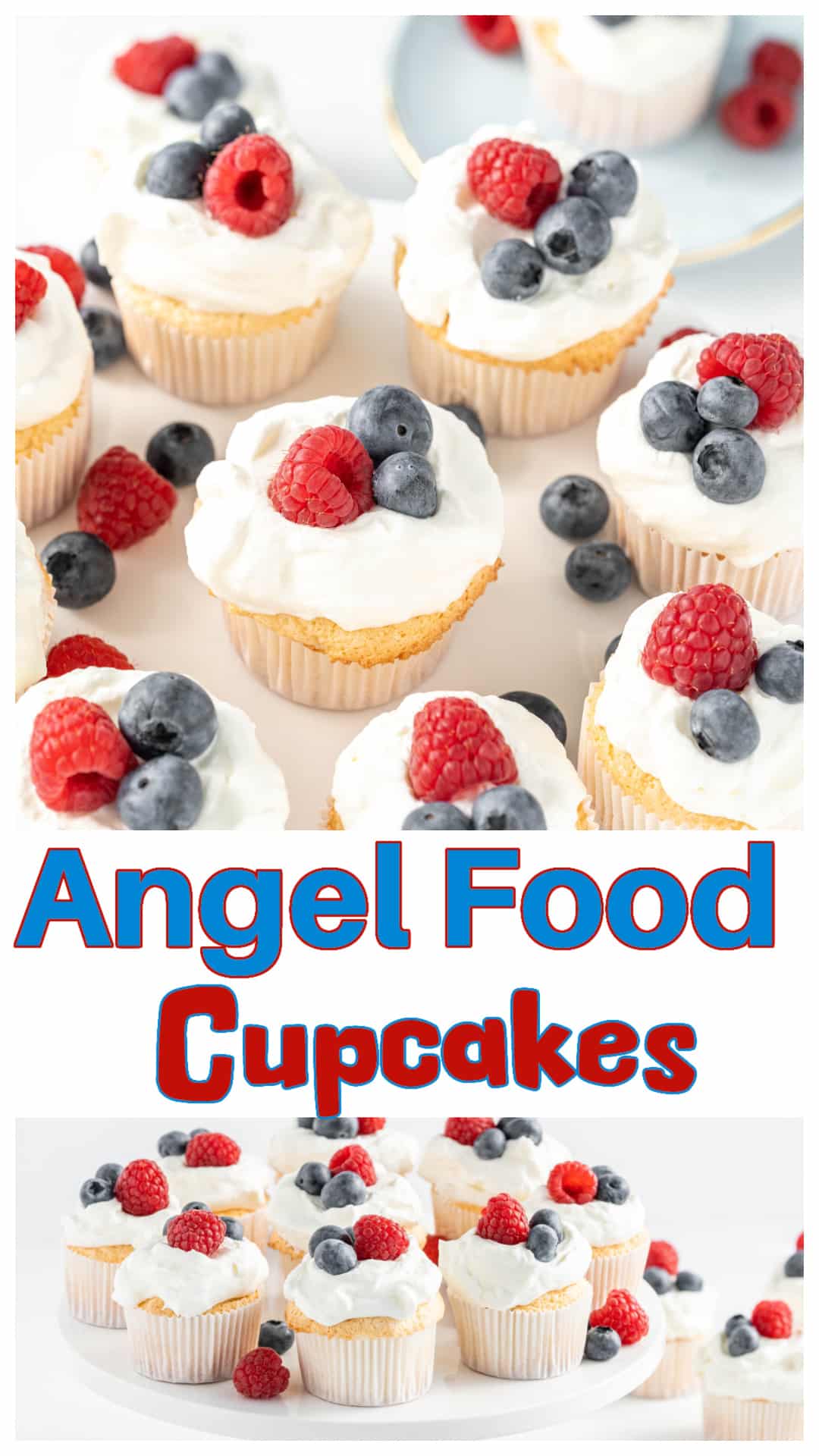 These angel food cupcakes are baked in a standard muffin tin and topped with homemade whipped cream and fresh berries for an easy summer dessert. They have the light texture of classic angel food cake without needing a tube pan, making them perfect for Fourth of July parties, cookouts, baby showers, brunches, and summer gatherings. Individual angel food cakes are simple to serve and look beautiful on any dessert table. via @cmpollak1