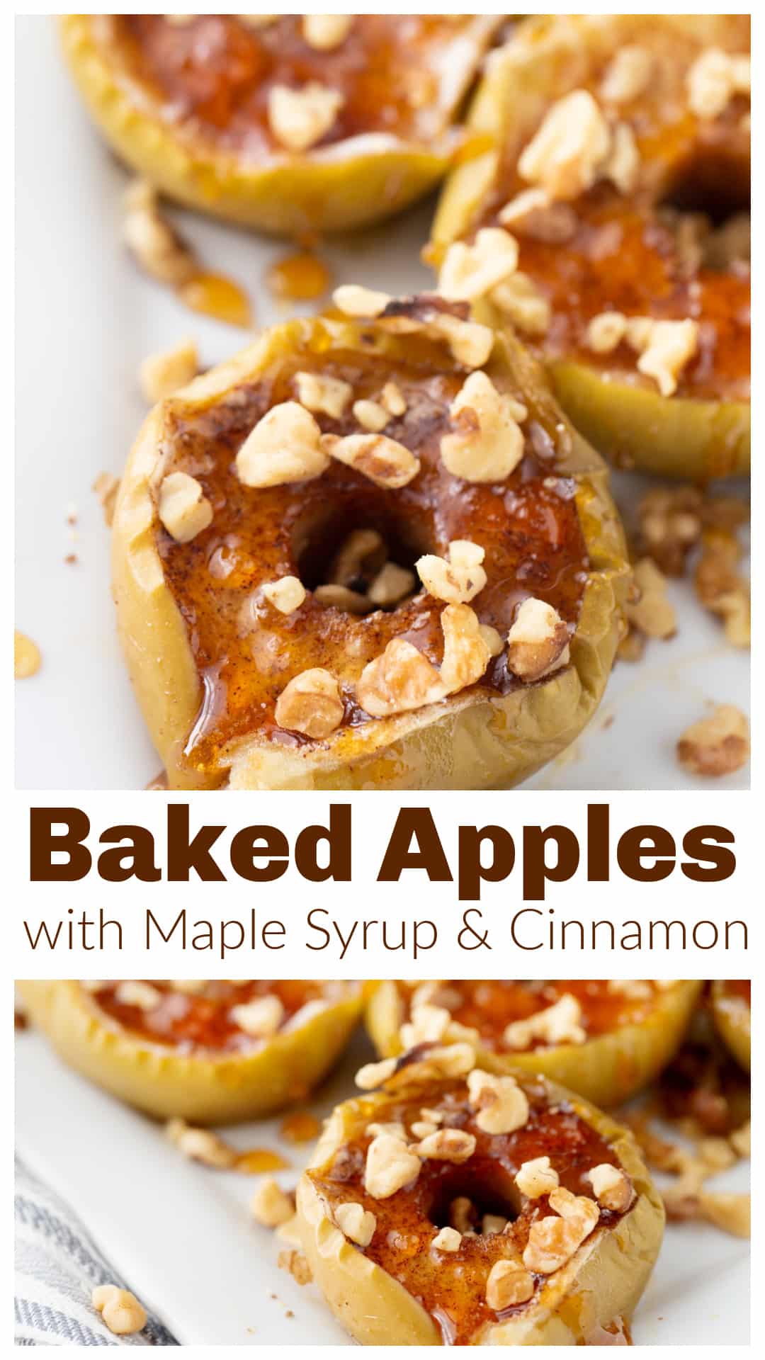 Baked apples with maple syrup and cinnamon turn a few fresh apples into a warm fall dessert with very little prep. Granny Smith apples are halved and baked in pure maple syrup with brown sugar and cinnamon, then the maple syrup and apple juices left in the baking dish are reduced into a warm maple sauce. Toasted walnuts, lemon and a little salt finish the sauce before it’s spooned over the tender apples. Add vanilla ice cream or whipped cream for serving. via @cmpollak1