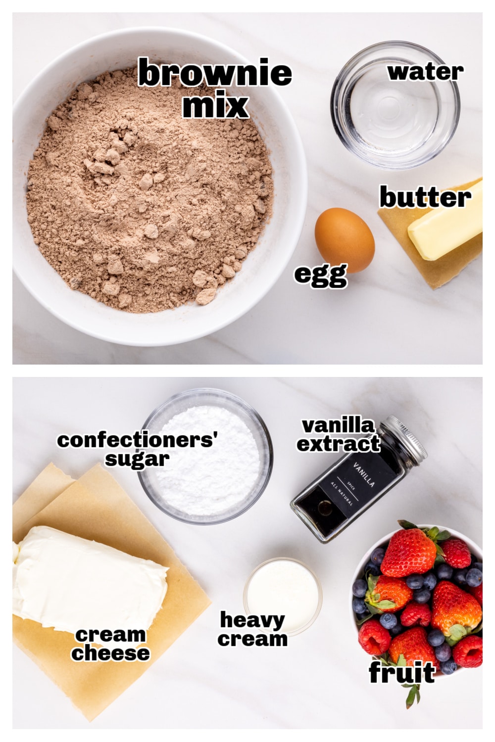 Ingredients for making brownie fruit pizza including mix, egg, butter, fruit, and cream cheese