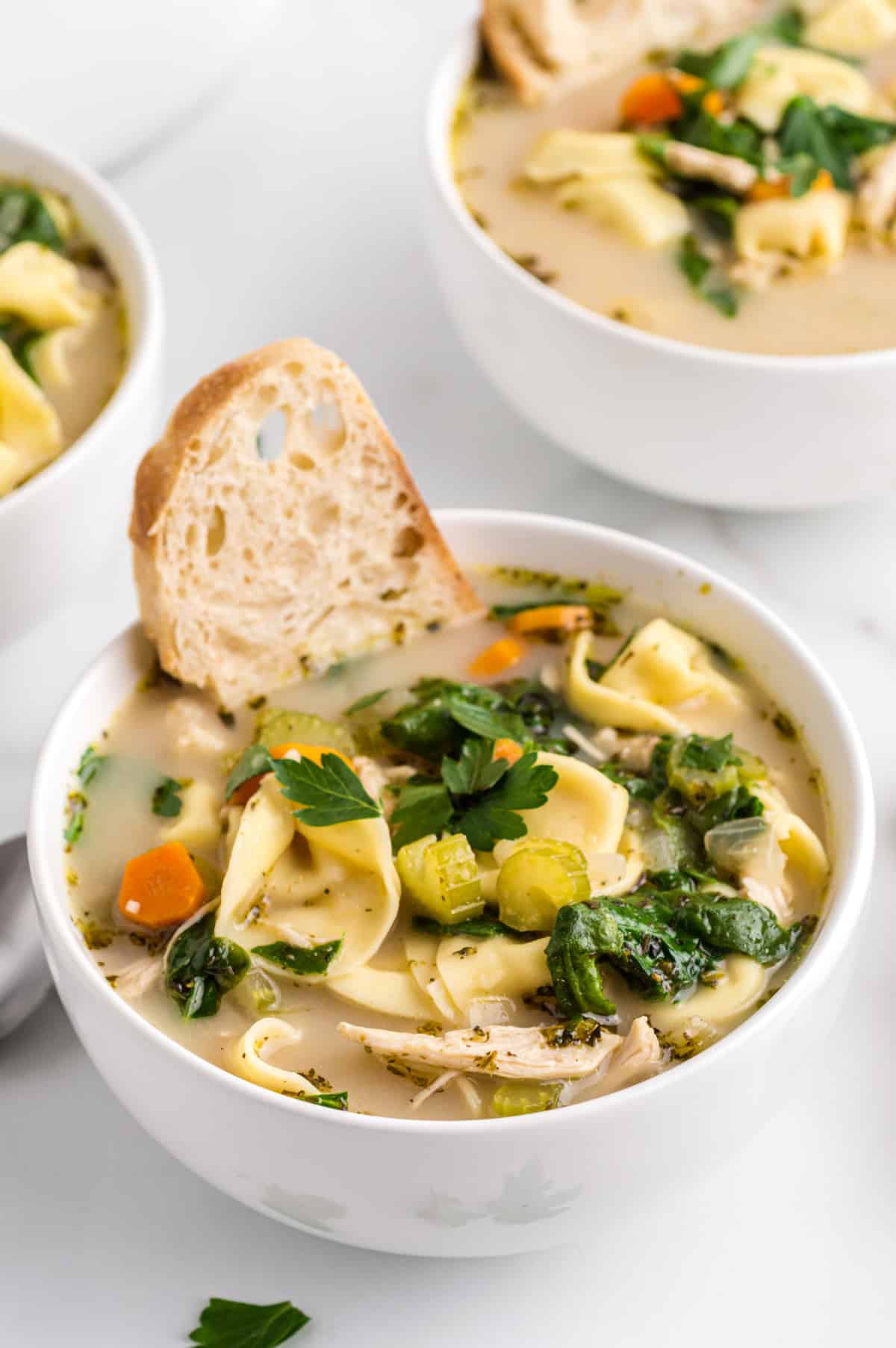 A bowl of chicken tortellini soup topped with parsley, showing cheese tortellini, shredded chicken, carrots, celery, and spinach in a light broth with bread on the side.
