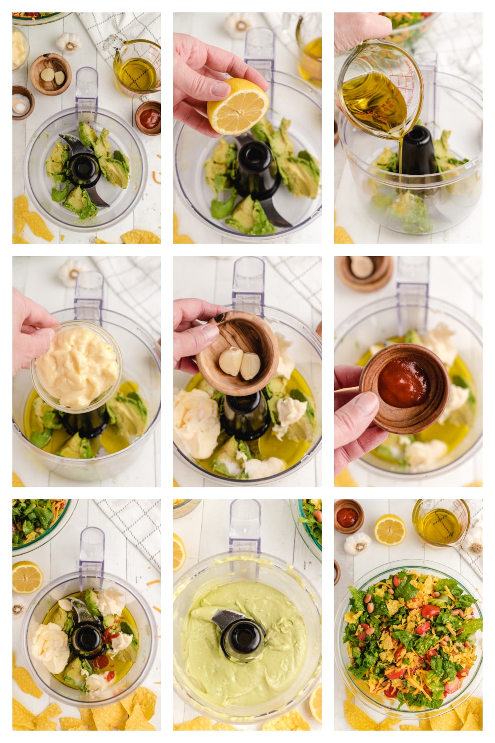 Blending creamy avocado dressing in a food processor Creamy avocado salad dressing blending inside a food processor from a top view
